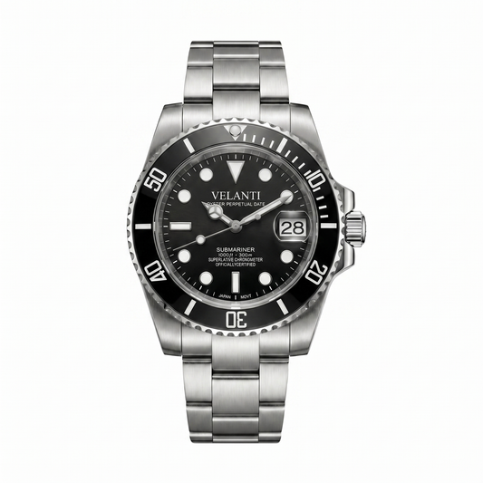 Submariner-style custom mod watch, Velanti Milano Velmariner Black, main product photo