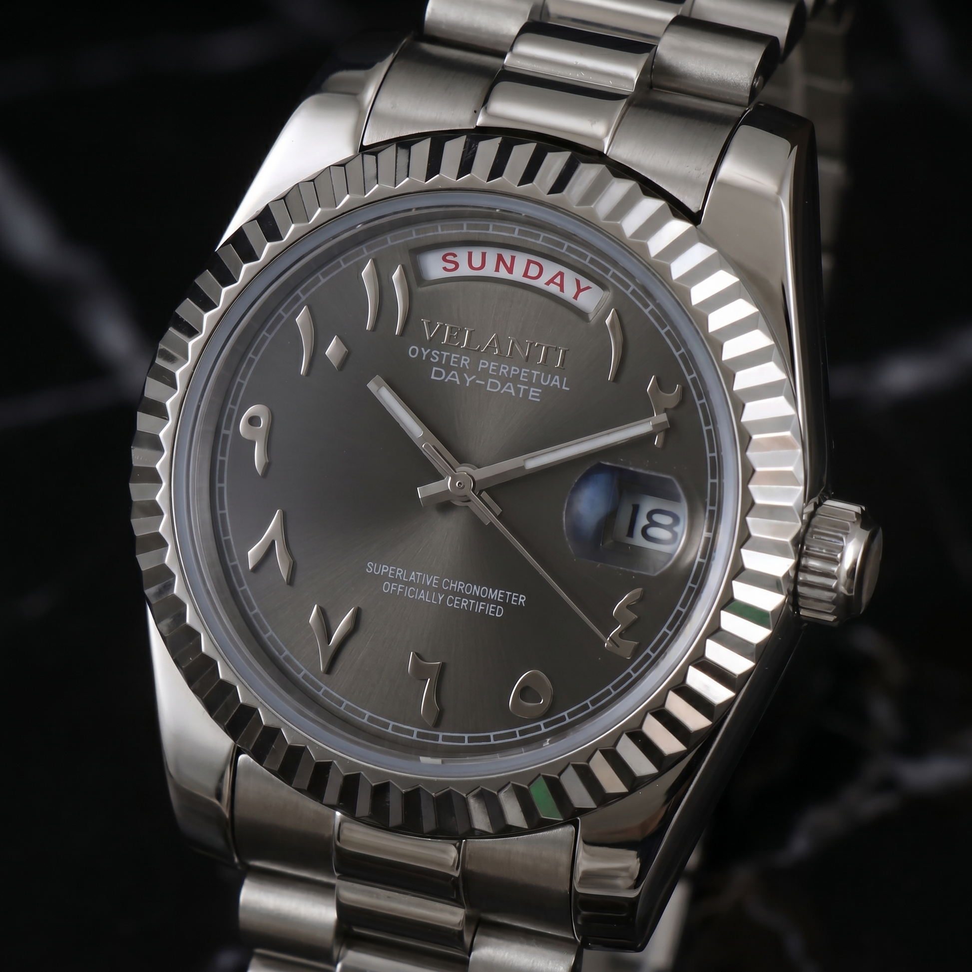 Datejust-style custom mod watch, Velanti Milano Veljust Daydate Arabic Deep Grey, product photo 2