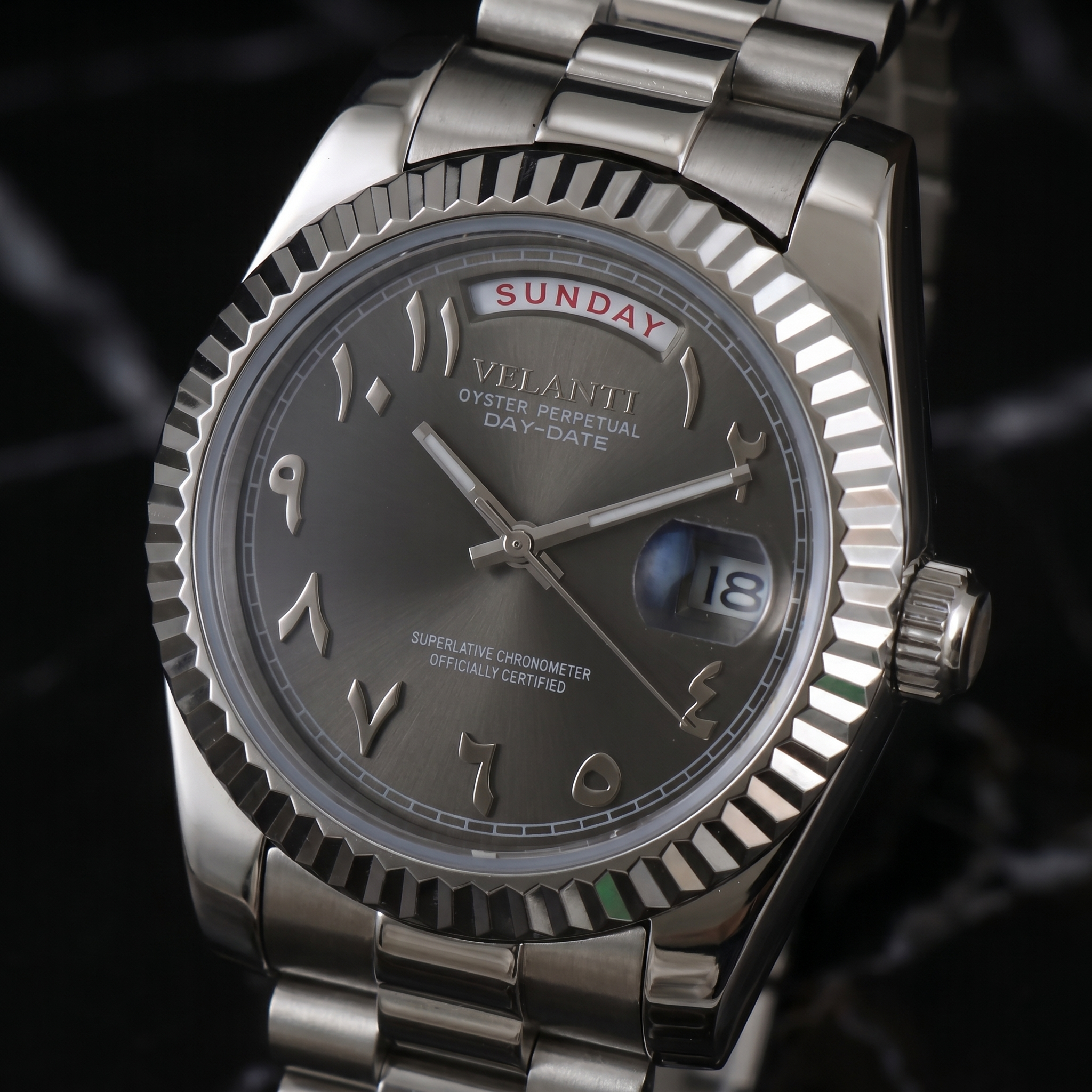 Datejust-style automatic watch, Velanti Milano Veljust Daydate Arabic Deep Grey, product photo 2