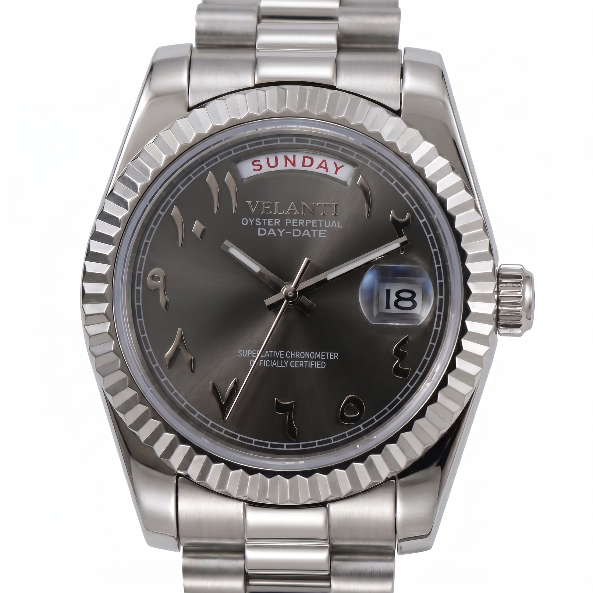 Datejust-style custom mod watch, Velanti Milano Veljust Daydate Arabic Deep Grey, main product photo