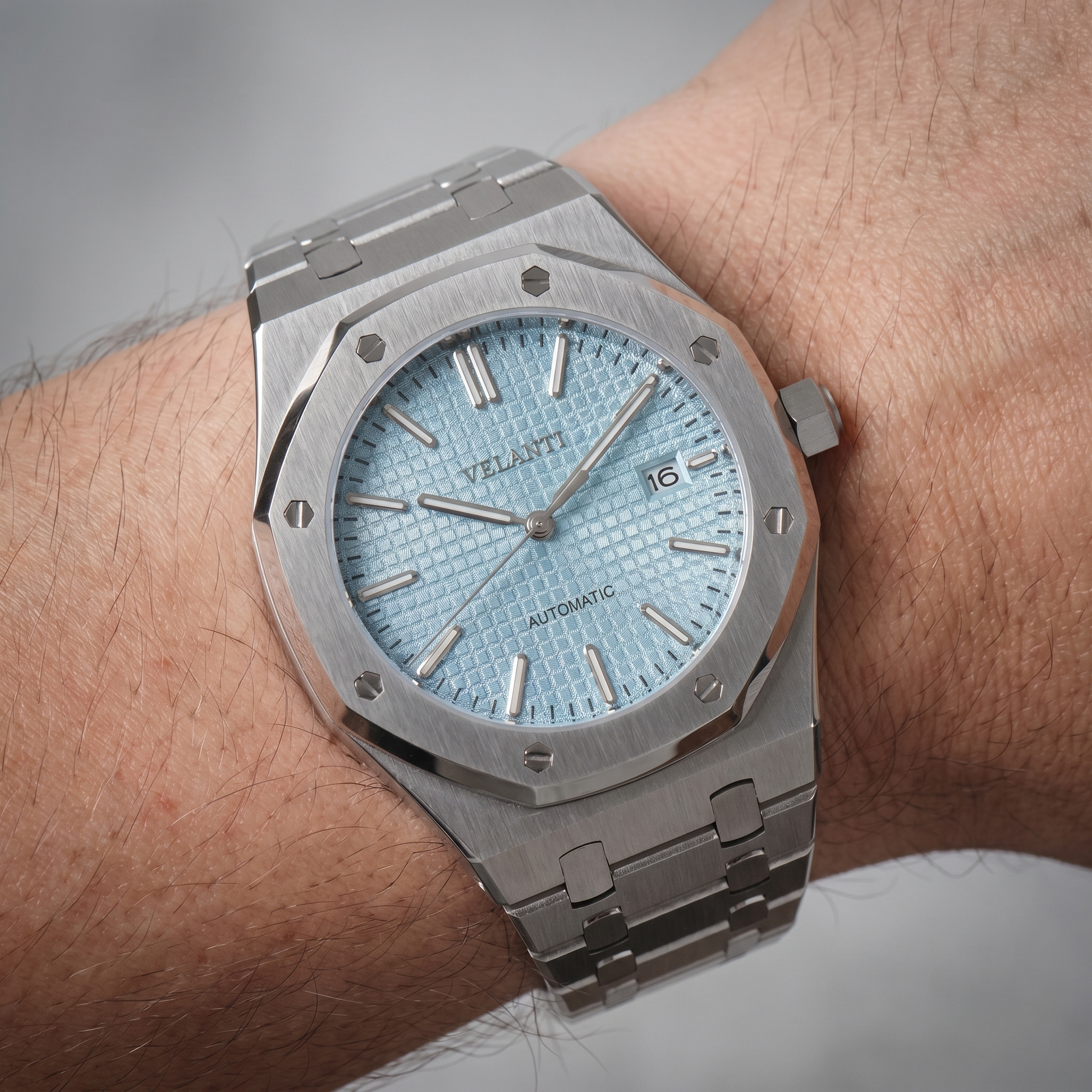 Royal Oak-style automatic watch, Velanti Milano Royal Veloak Ice Blue, product photo 11