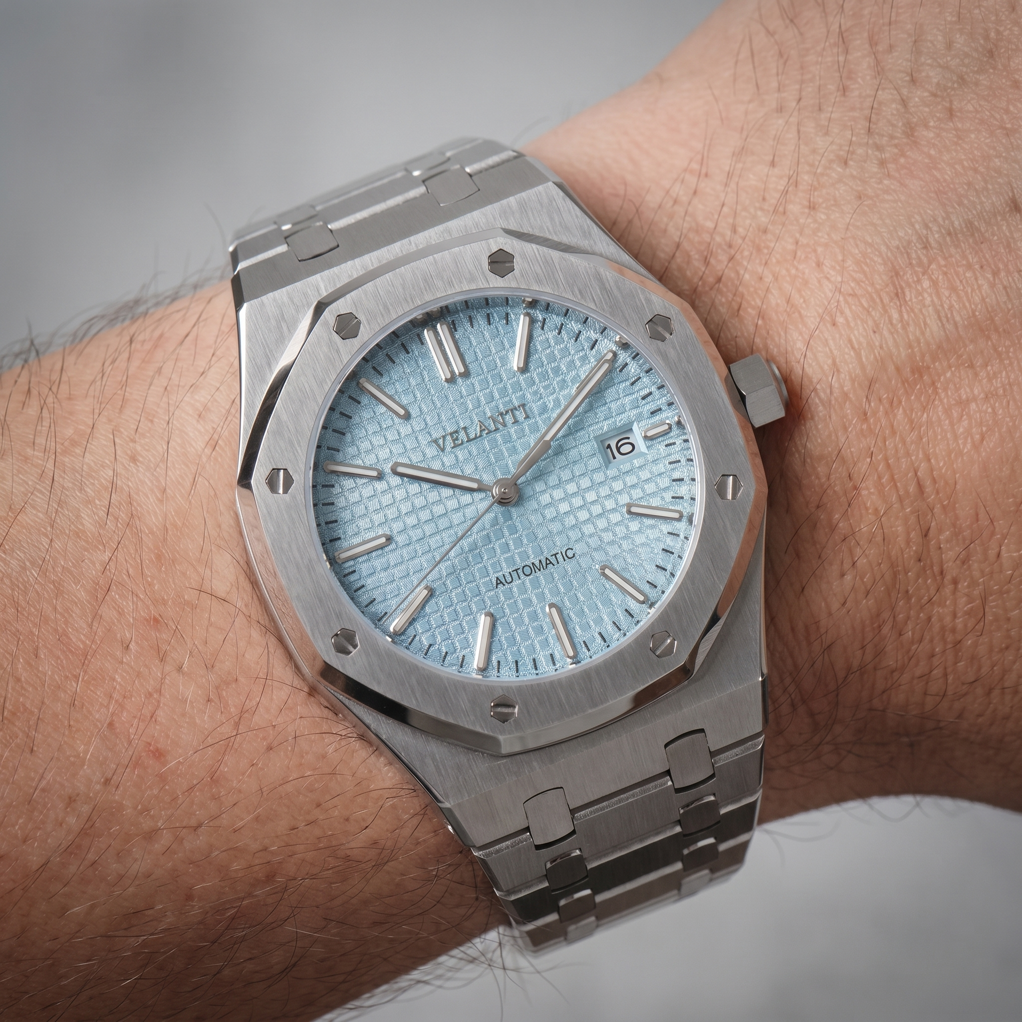 Royal Oak-style automatic watch, Velanti Milano Royal Veloak Ice Blue, product photo 11