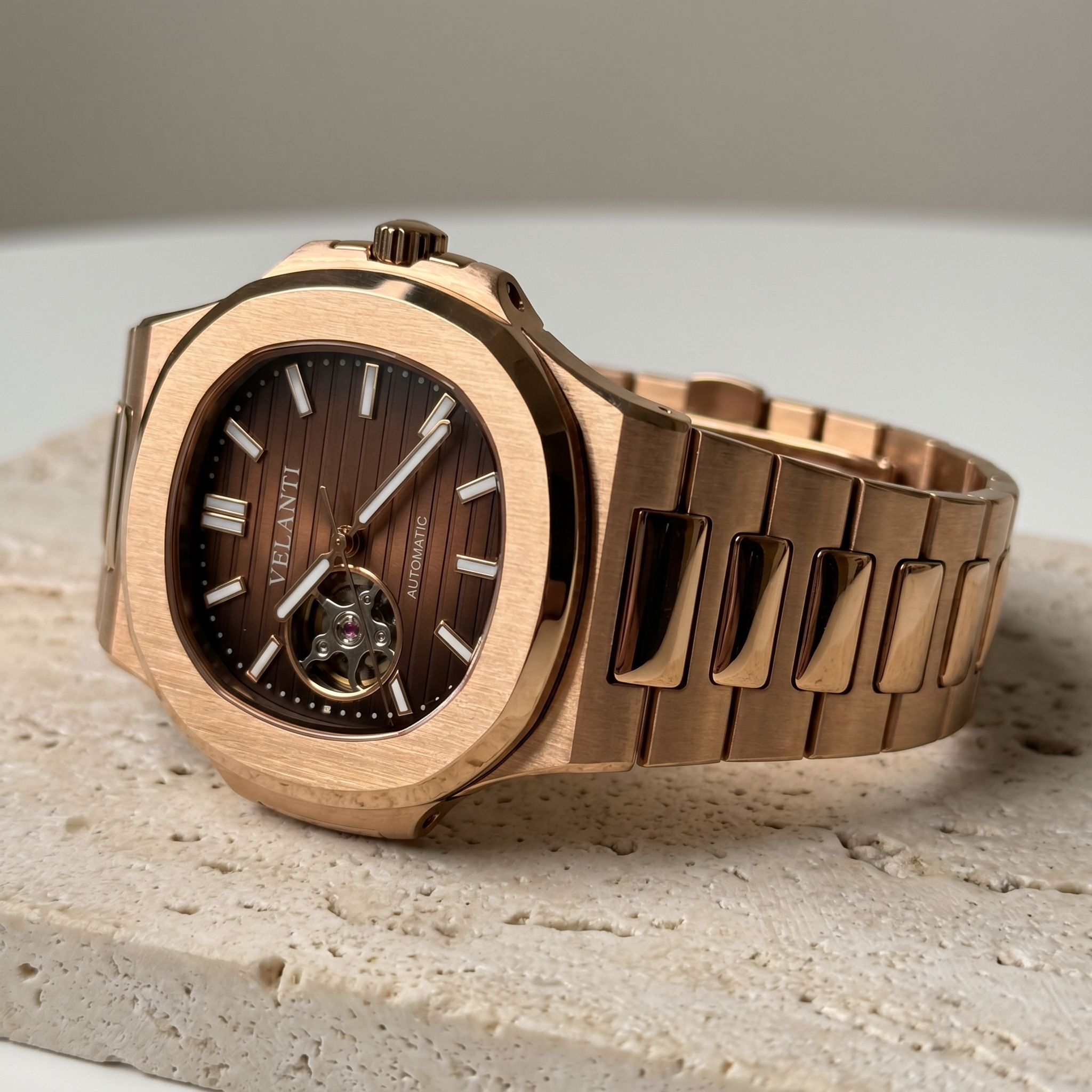 Nautilus-style automatic watch, Velanti Milano Nautvel Rose Gold Chocolate Open Heart, product photo 4