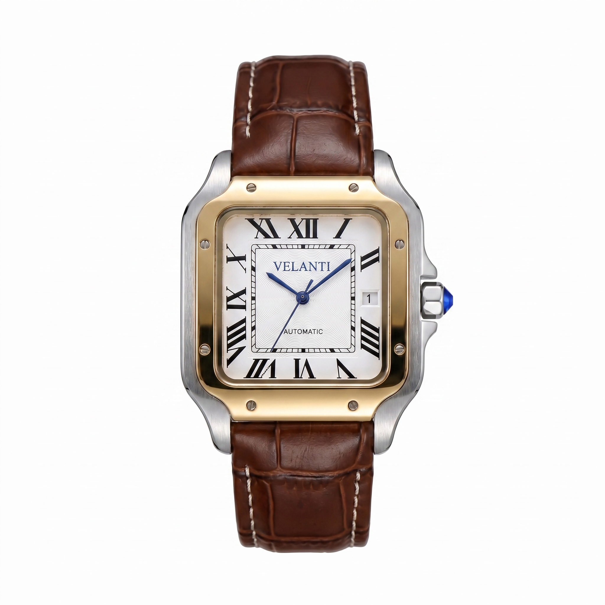 Santos-style automatic watch, Velanti Milano Santvel White Brown Leather, main product photo