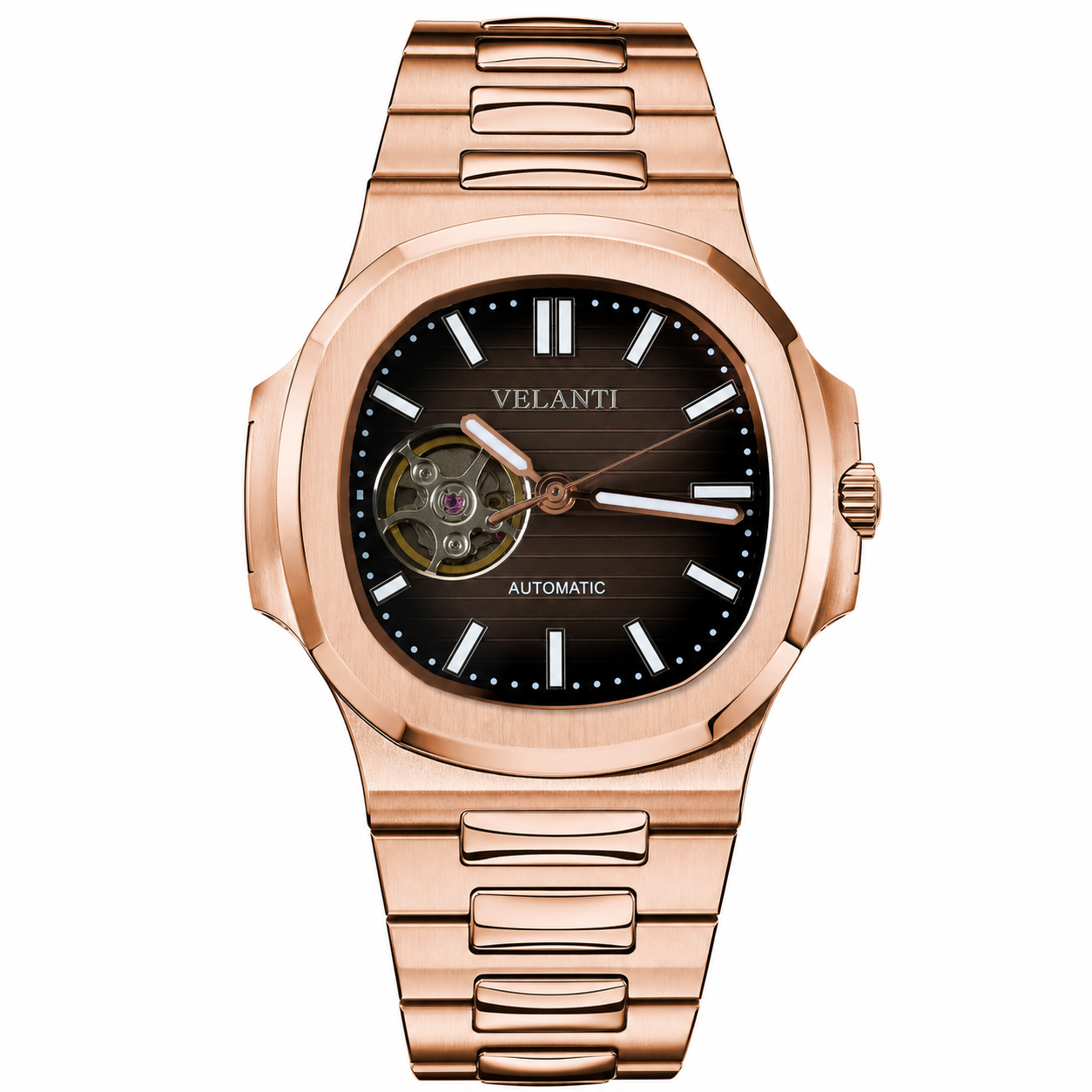 Nautilus-style custom mod watch, Velanti Milano Nautvel Rose Gold Chocolate Open Heart, main product photo