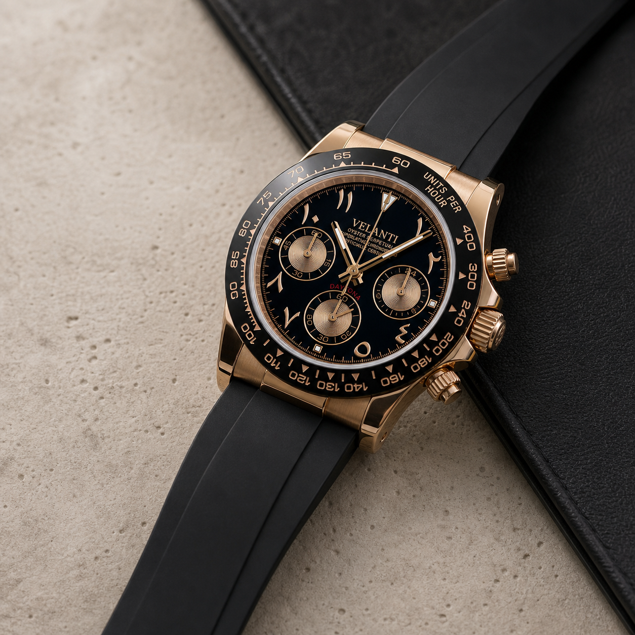 Daytona-style chronograph watch, Velanti Milano Veltona Arabic Rose Gold, product photo 4