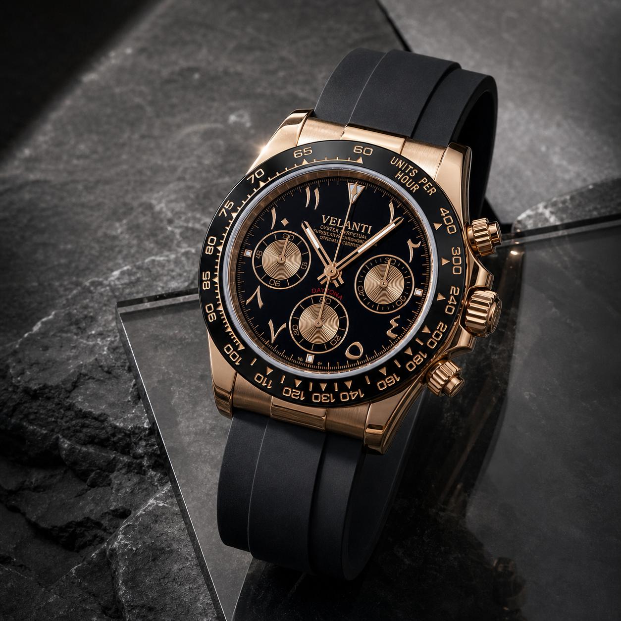 Daytona-style chronograph watch, Velanti Milano Veltona Arabic Rose Gold, product photo 6