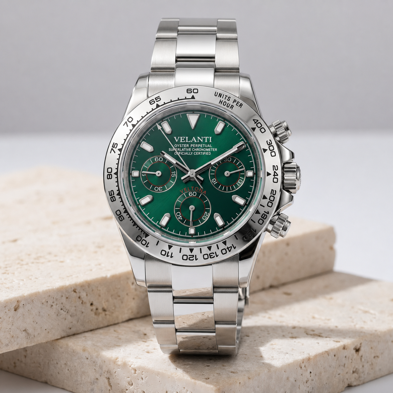 Daytona-style chronograph watch, Velanti Milano Veltona Silver Green, product photo 2