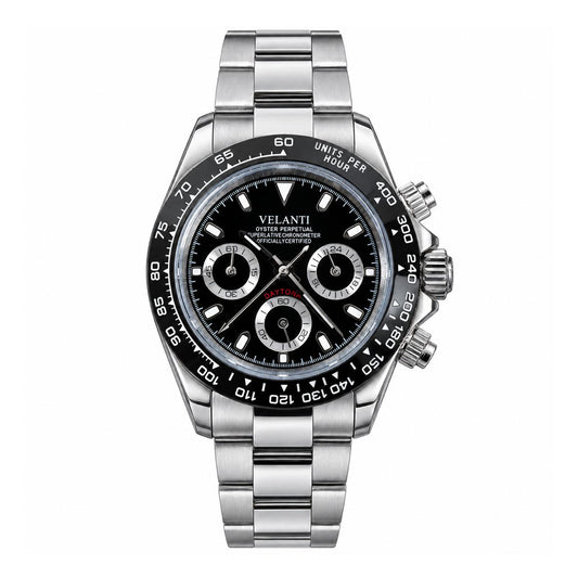 Veltona Black Panda chronograph watch, front view on white background