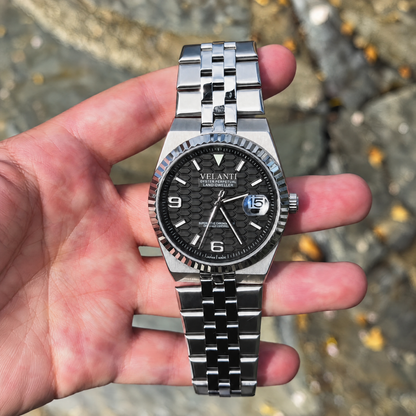 Velanti Landvel Silver Black watch, held or displayed view.
