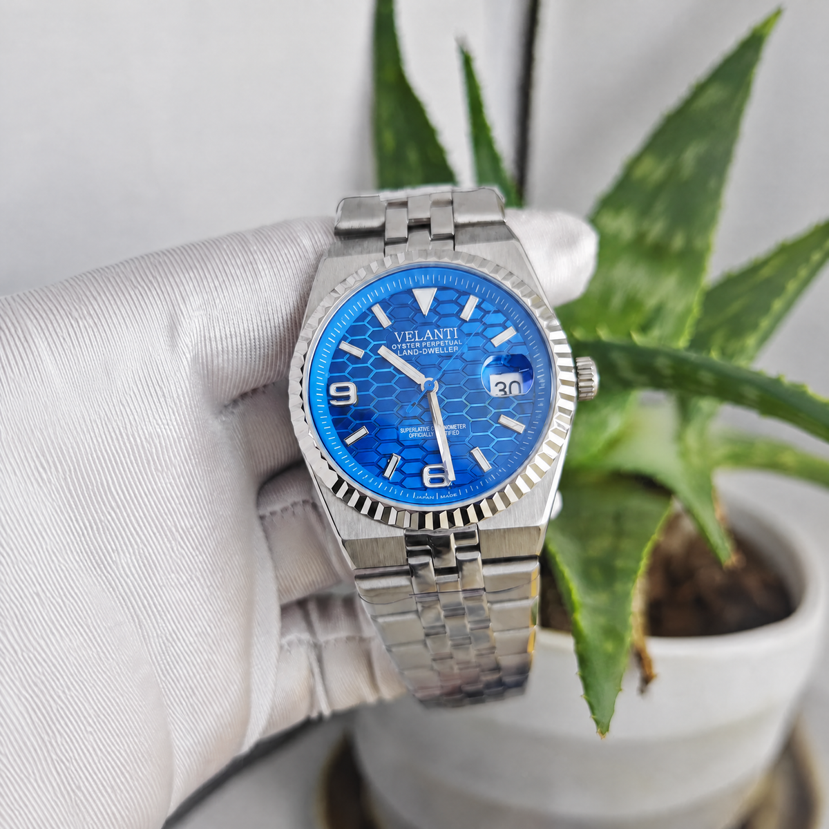 Velanti Landvel Silver Blue watch, held or displayed view.