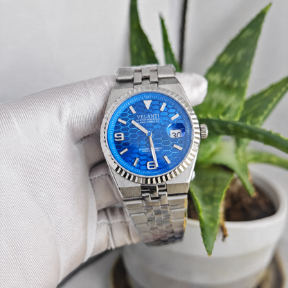 Velanti Landvel Silver Blue watch, held or displayed view.