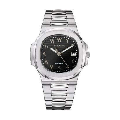 Nautilus-style custom mod watch, Velanti Milano Nautvel Arabic Black, main product photo