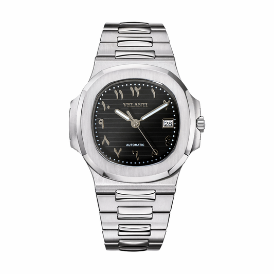 Nautilus-style custom mod watch, Velanti Milano Nautvel Arabic Black, main product photo