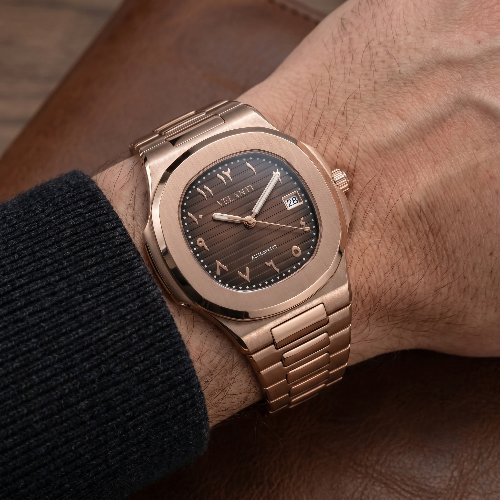 Nautilus-style automatic watch, Velanti Milano Nautvel Arabic Rose Gold Chocolate worn on wrist photo 3