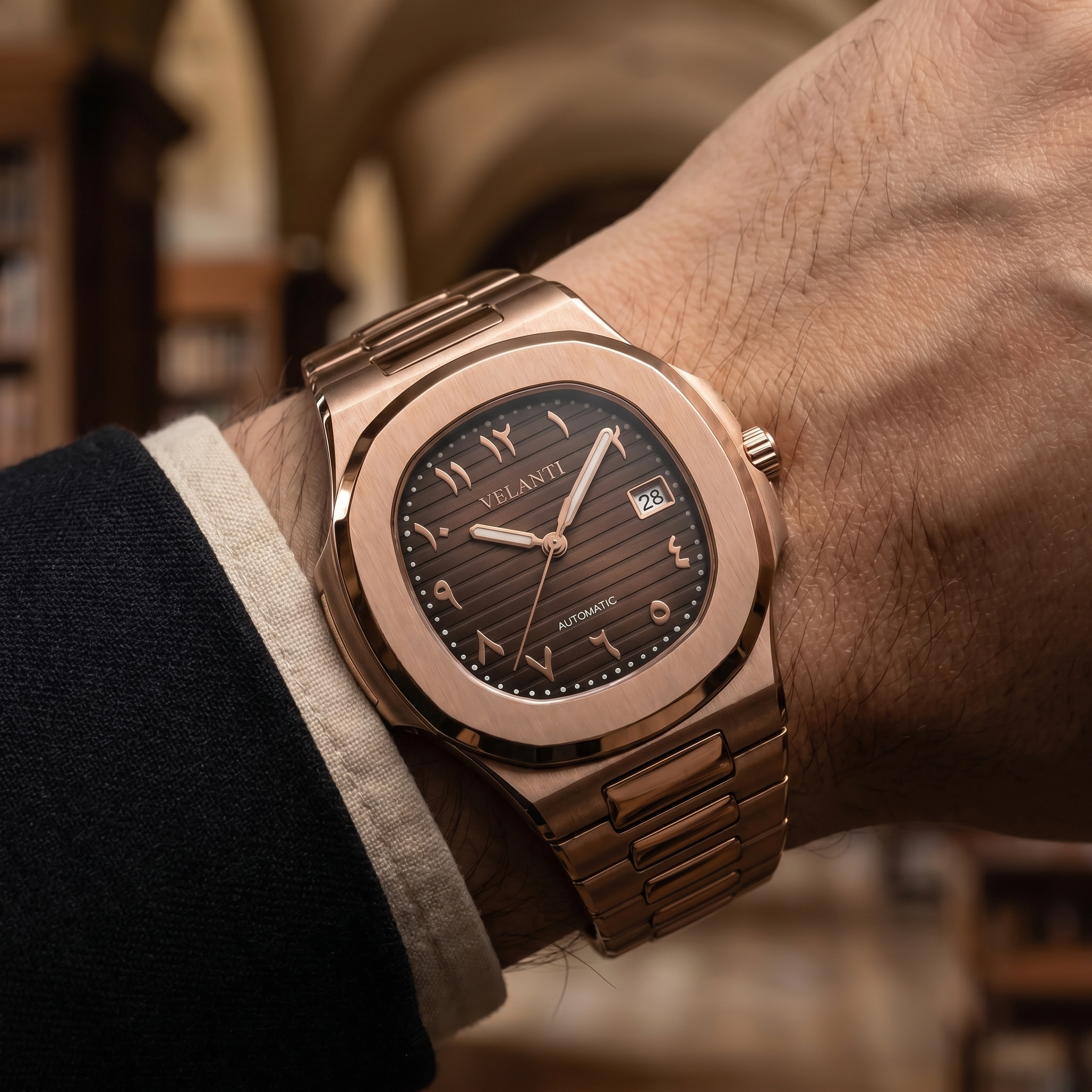 Nautilus-style automatic watch, Velanti Milano Nautvel Arabic Rose Gold Chocolate, product photo 6