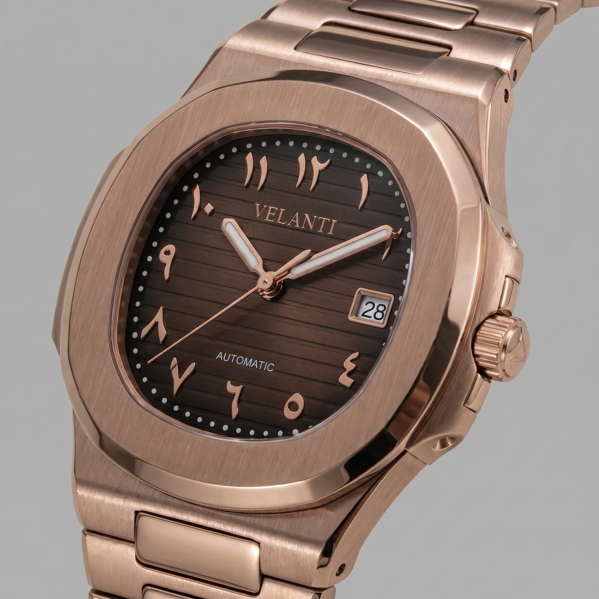 Nautilus-style automatic watch, Velanti Milano Nautvel Arabic Rose Gold Chocolate, watch detail photo 7