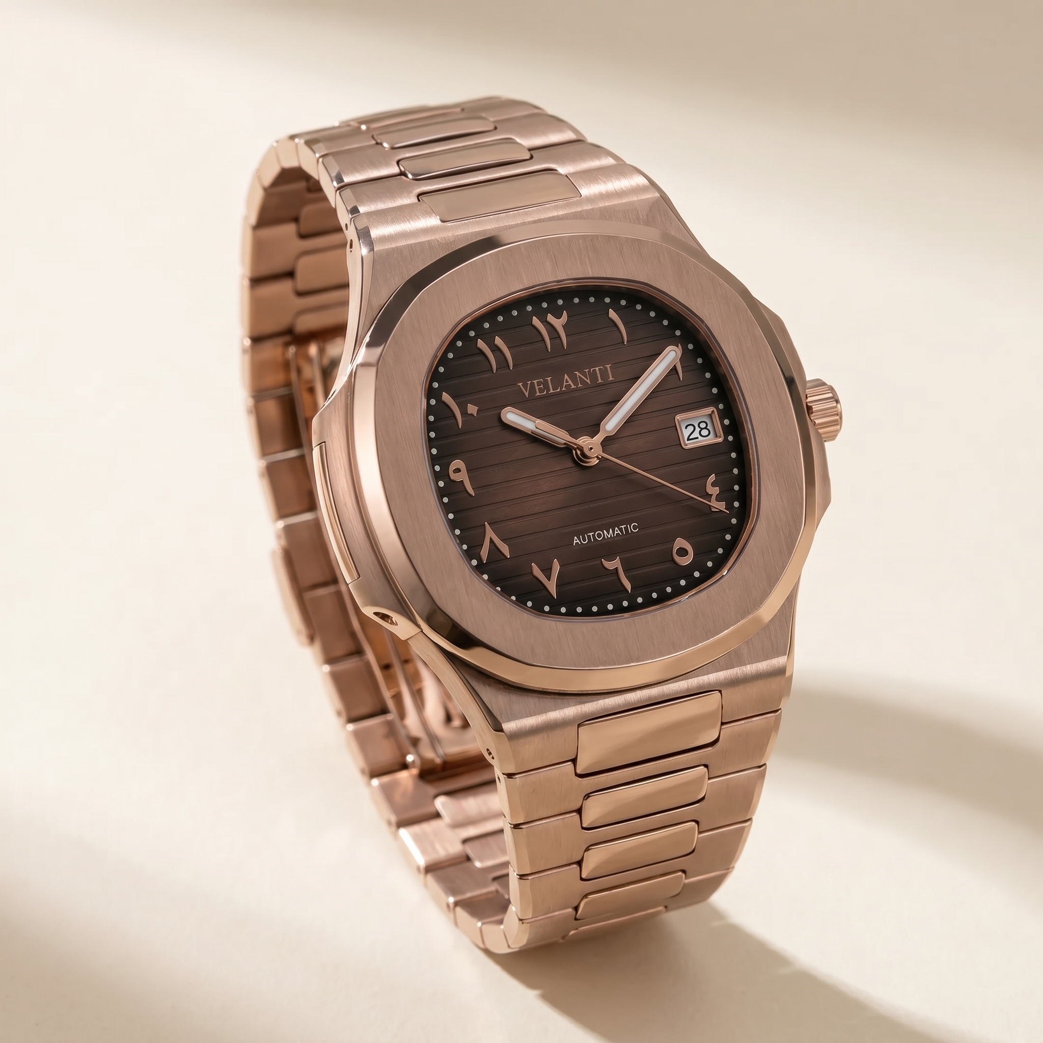 Nautilus-style automatic watch, Velanti Milano Nautvel Arabic Rose Gold Chocolate, watch detail photo 9