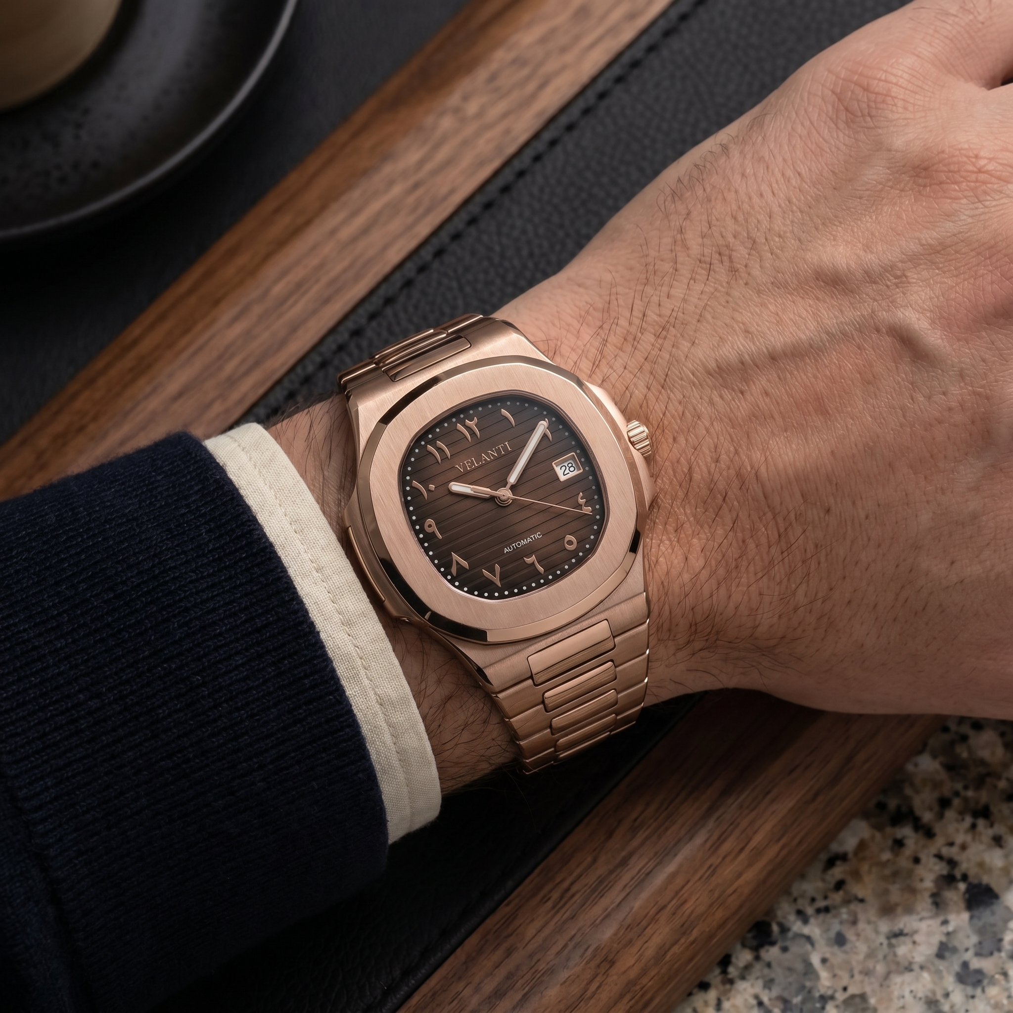 Nautilus-style automatic watch, Velanti Milano Nautvel Arabic Rose Gold Chocolate worn on wrist photo 10