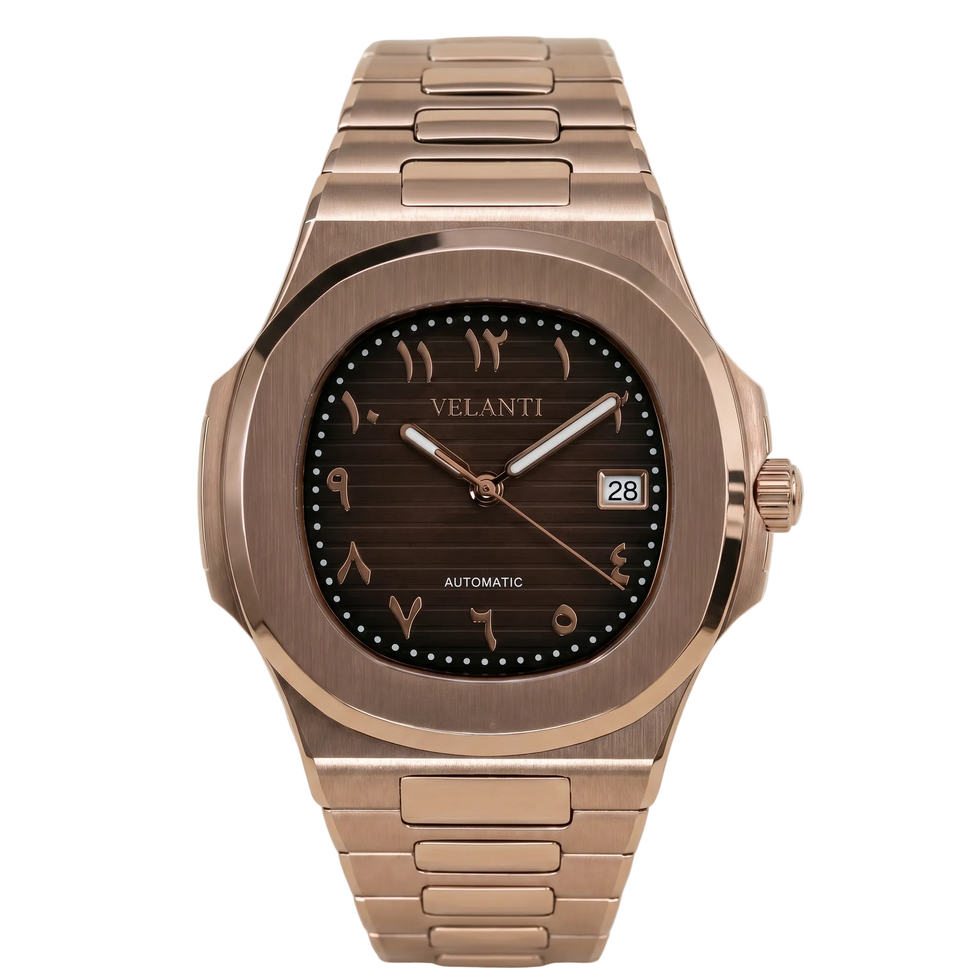 Nautilus-style custom mod watch, Velanti Milano Nautvel Arabic Rose Gold Chocolate, main product photo