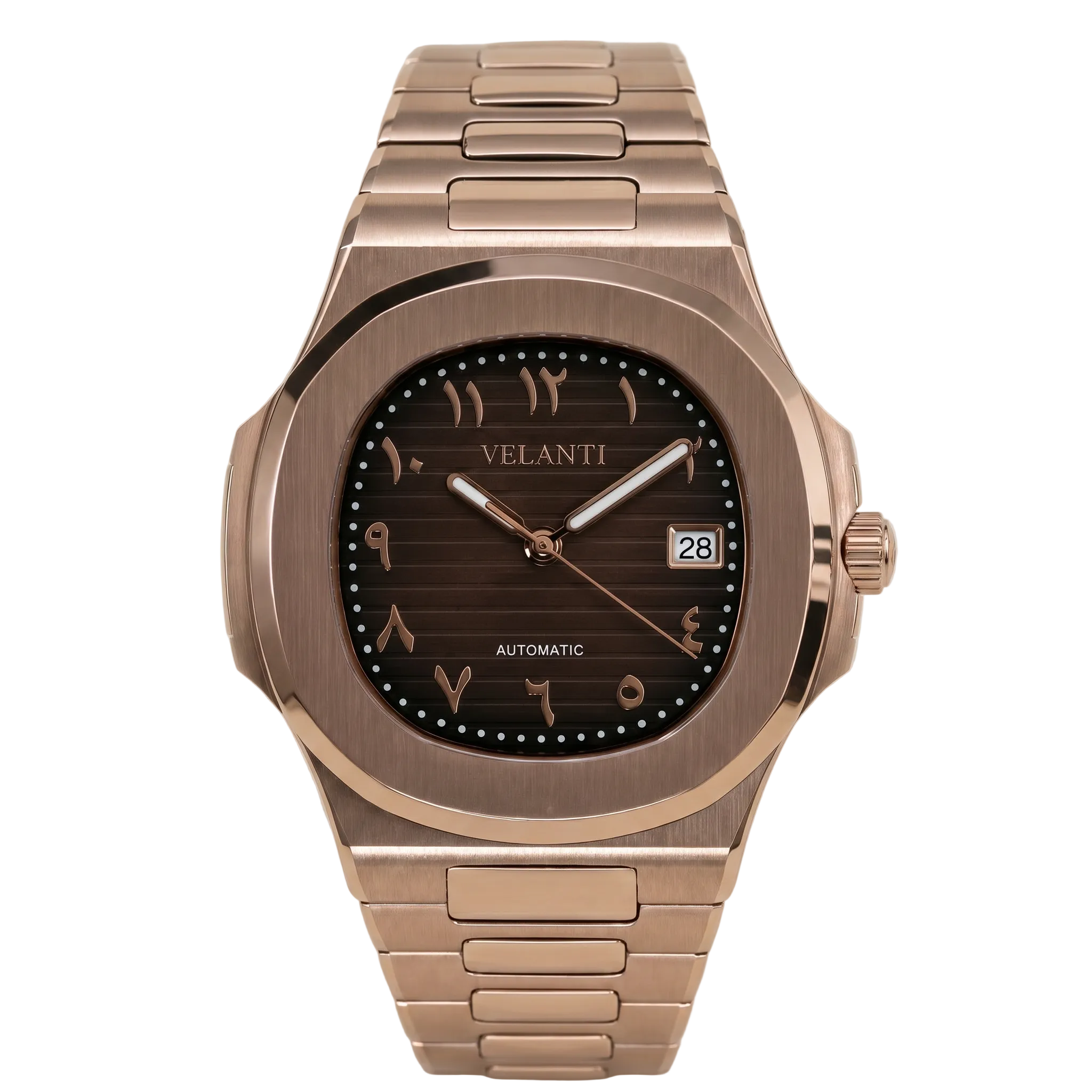Nautilus-style automatic watch, Velanti Milano Nautvel Arabic Rose Gold Chocolate, main product photo