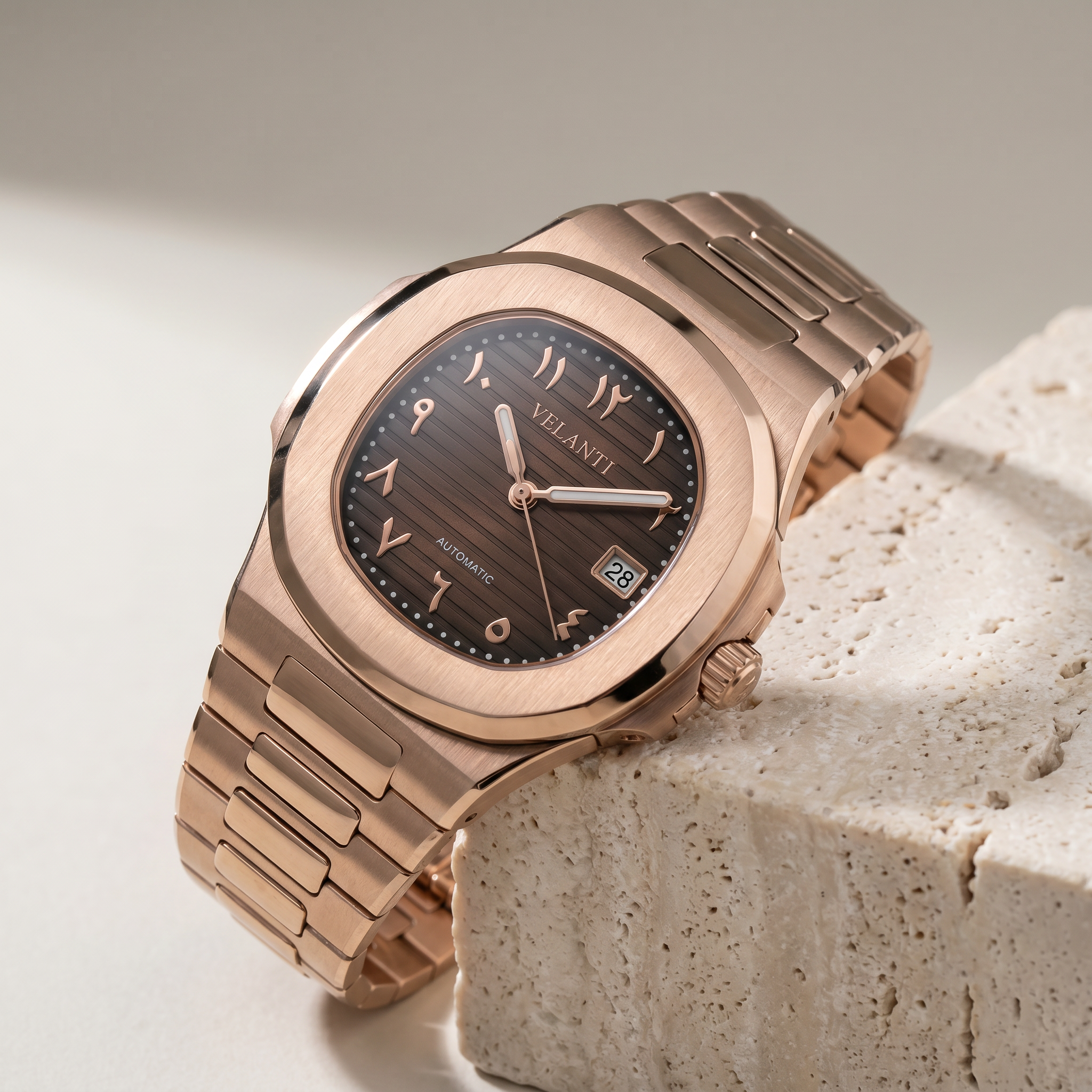 Nautilus-style automatic watch, Velanti Milano Nautvel Arabic Rose Gold Chocolate, product photo 2