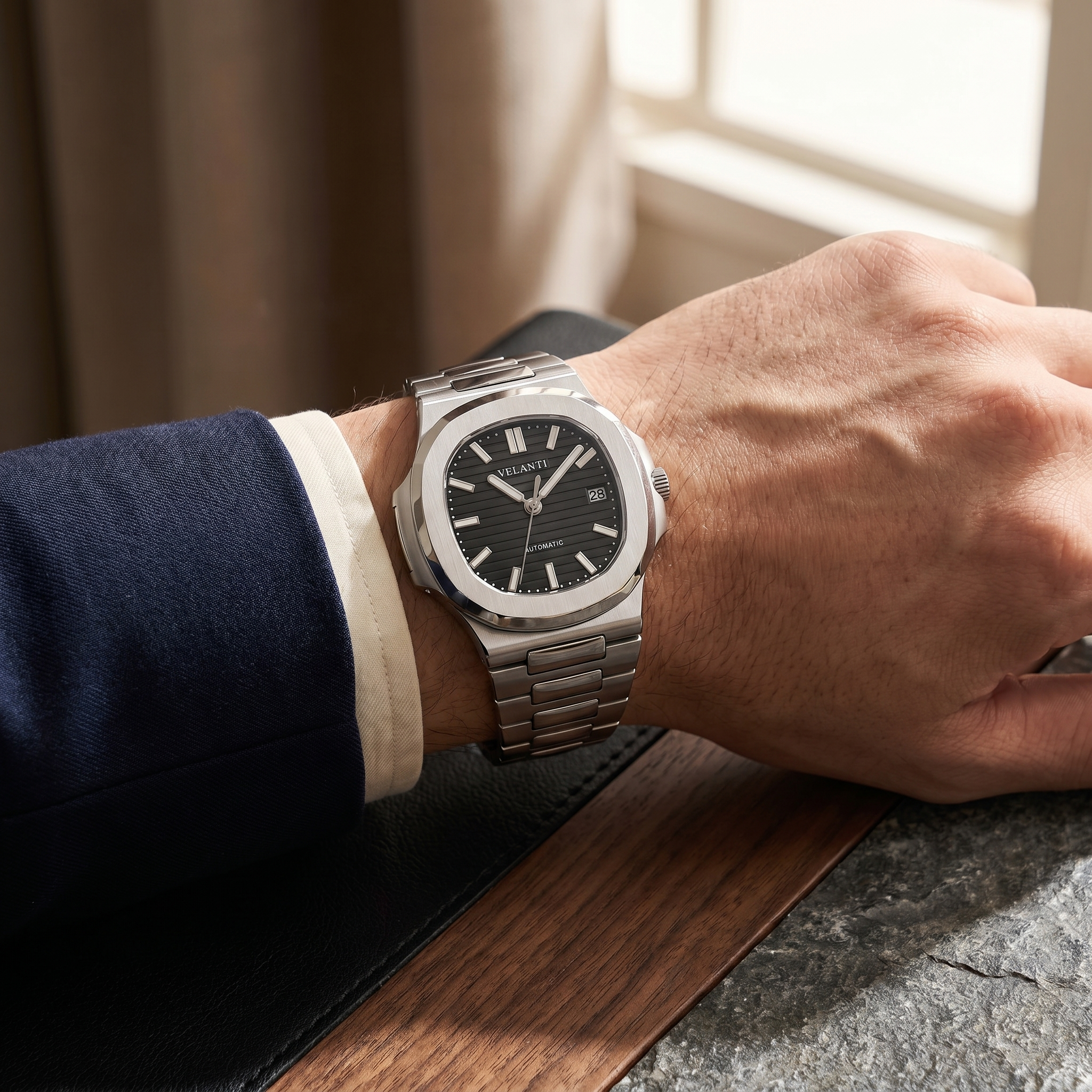 Nautilus-style automatic watch, Velanti Milano Nautvel Black worn on wrist photo 7