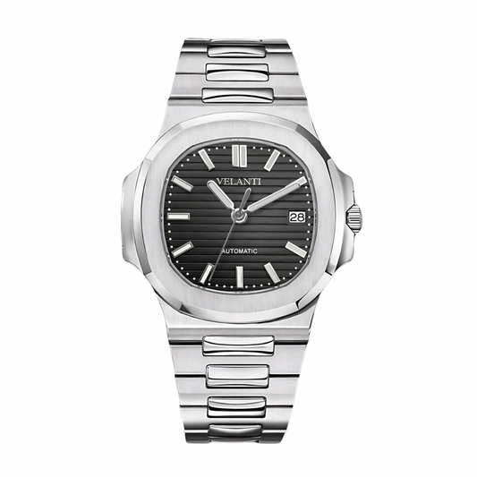 Nautilus-style custom mod watch, Velanti Milano Nautvel Black, main product photo