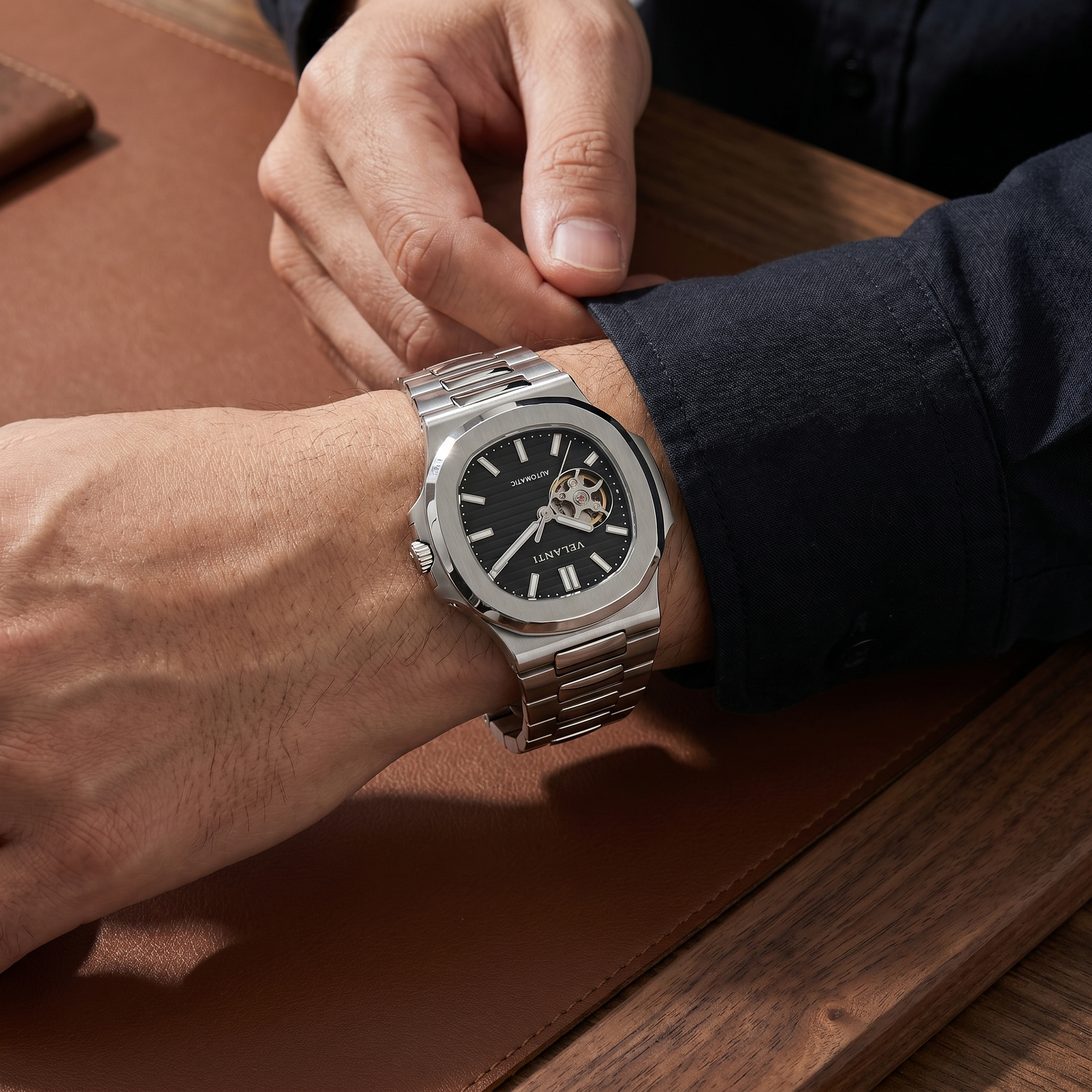Nautilus-style automatic watch, Velanti Milano Nautvel Black Open Movement worn on wrist
