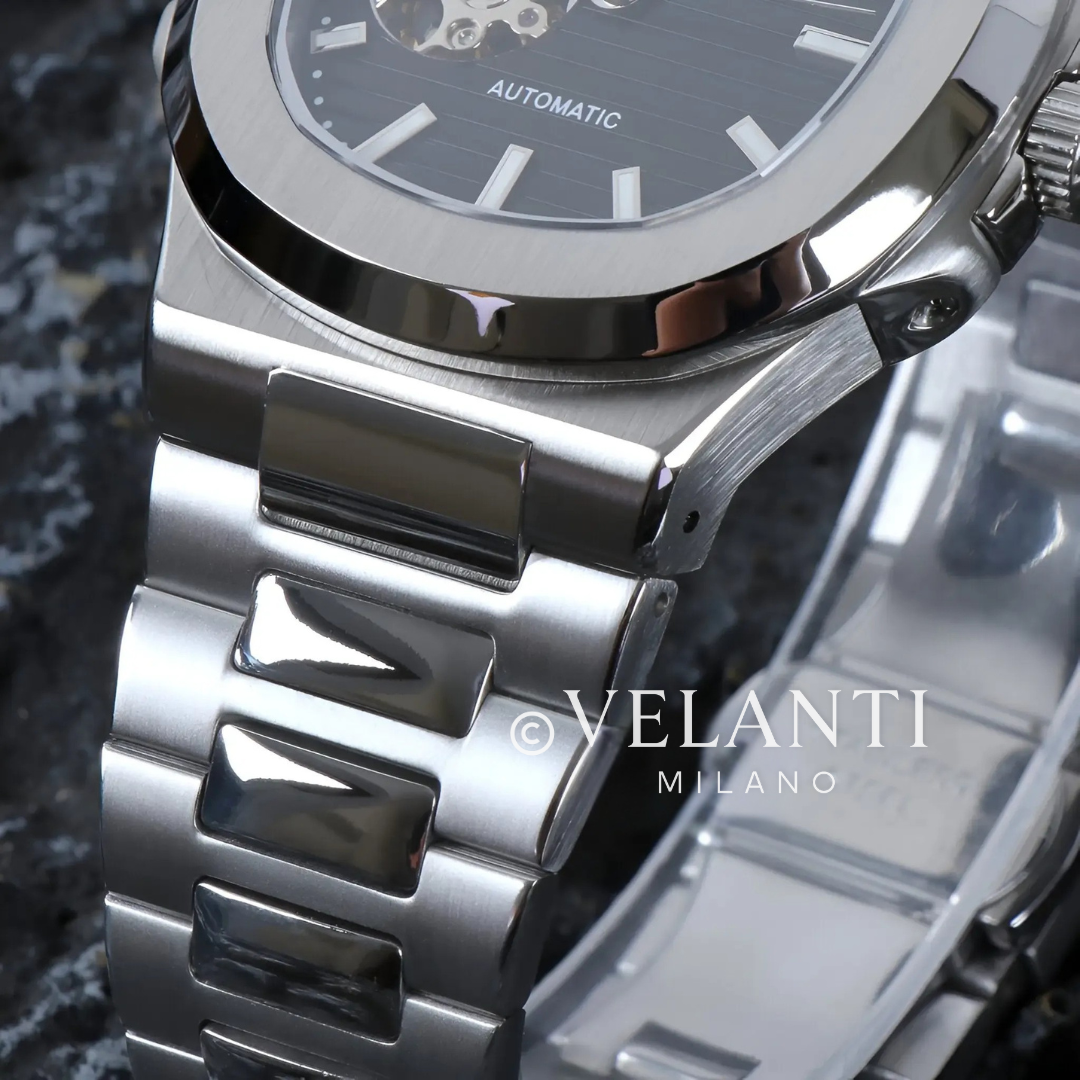 Nautilus-style automatic watch, Velanti Milano Nautvel Black Open Movement, product photo 3