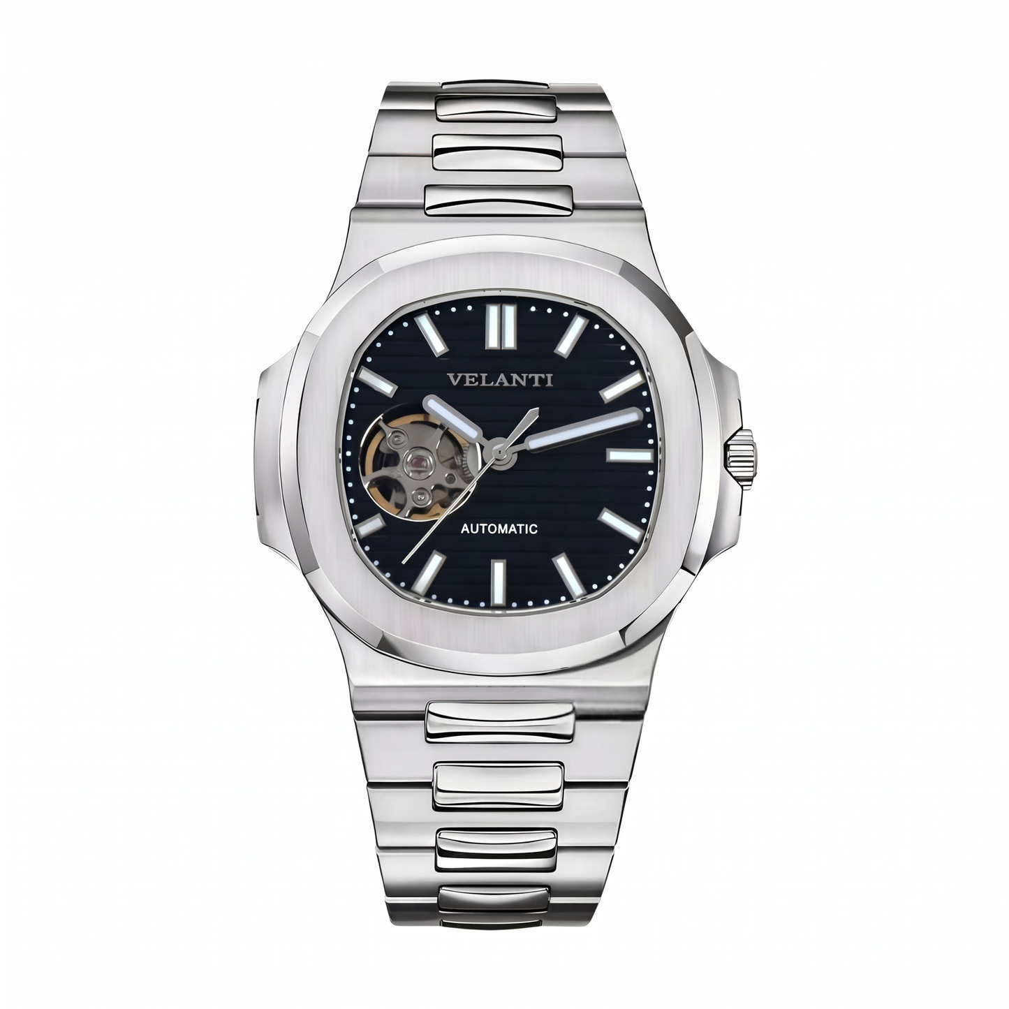 Nautilus-style automatic watch, Velanti Milano Nautvel Black Open Movement, main product photo