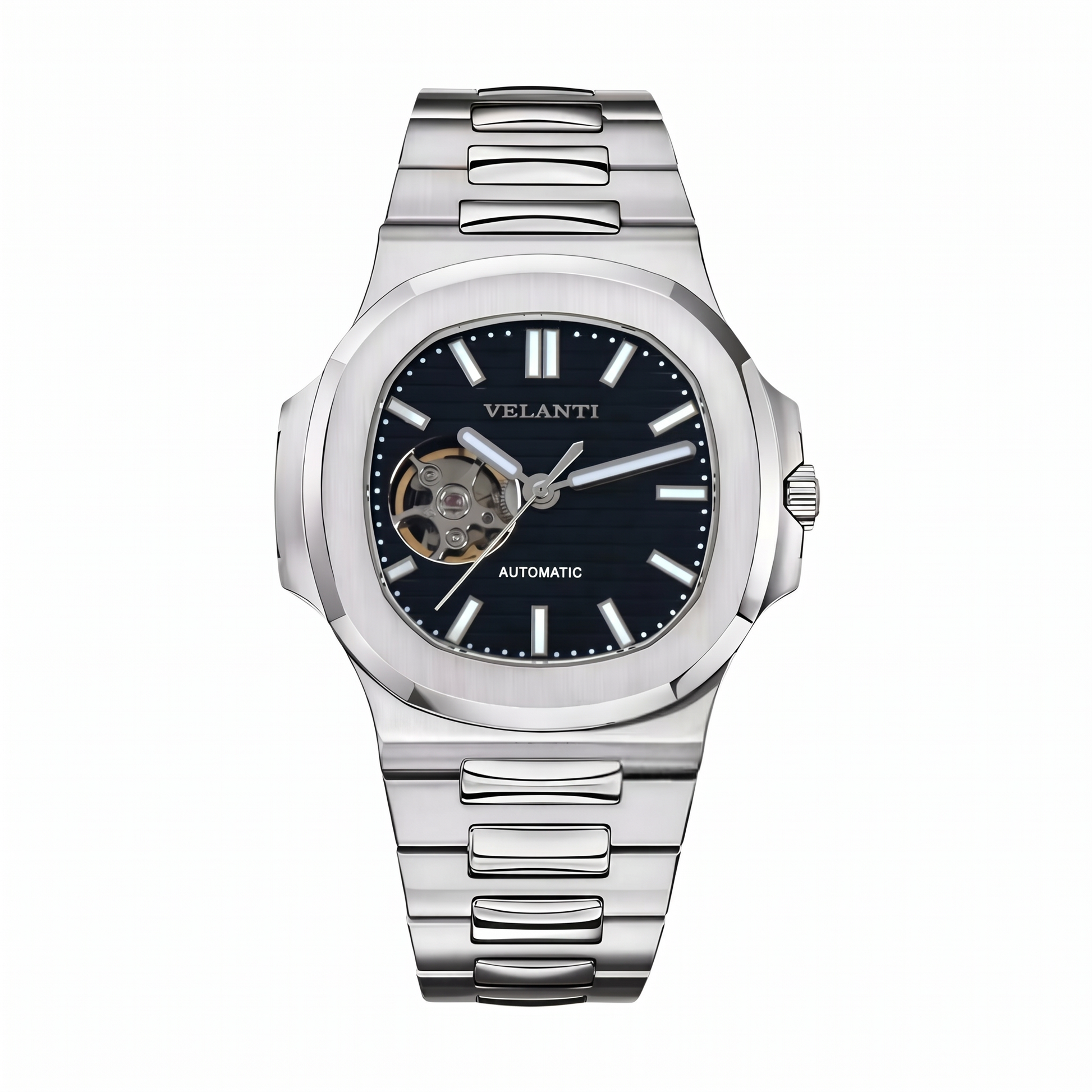 Nautilus-style automatic watch, Velanti Milano Nautvel Black Open Movement, main product photo