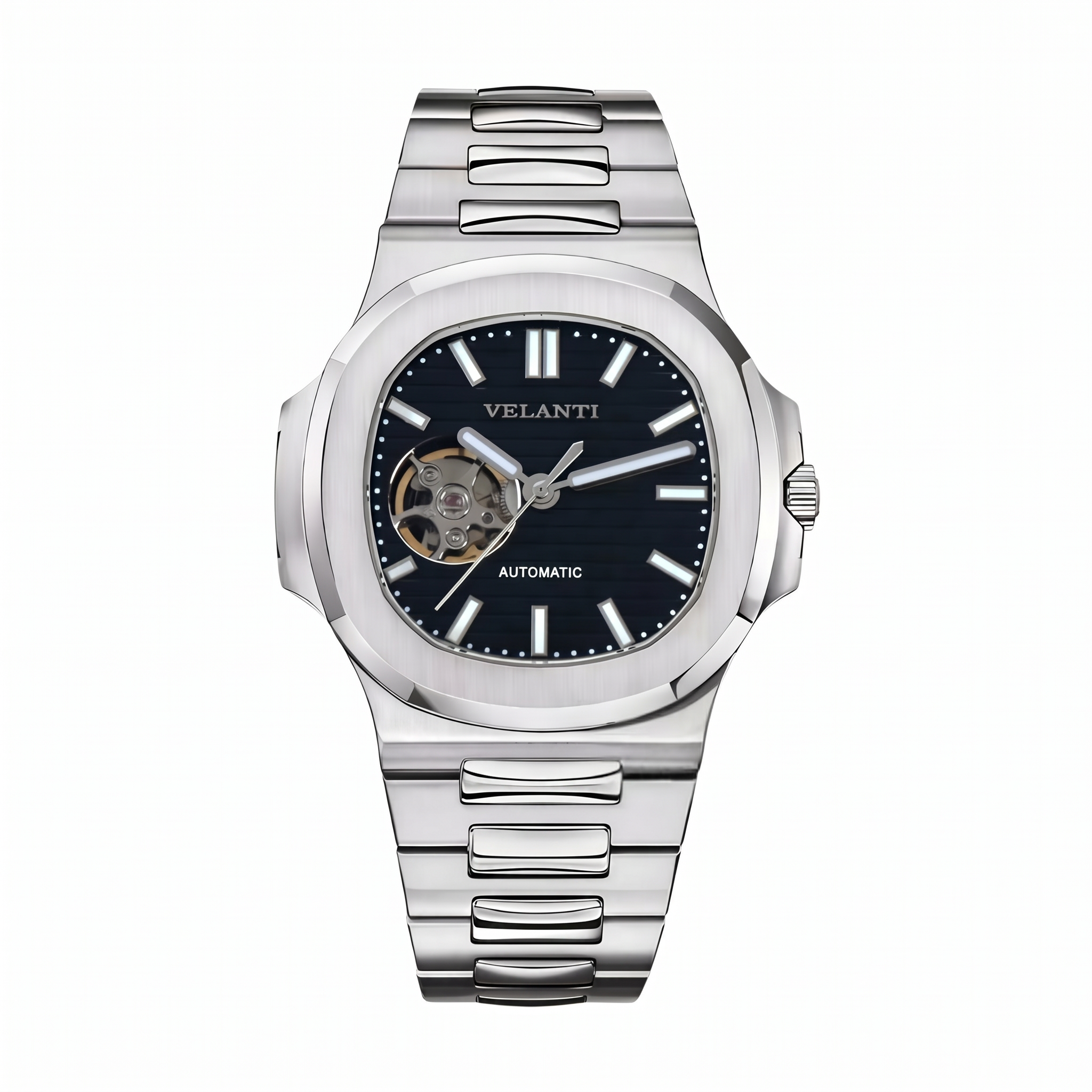 Nautilus-style automatic watch, Velanti Milano Nautvel Black Open Movement, main product photo