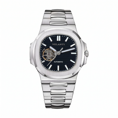 Nautilus-style automatic watch, Velanti Milano Nautvel Black Open Movement, main product photo