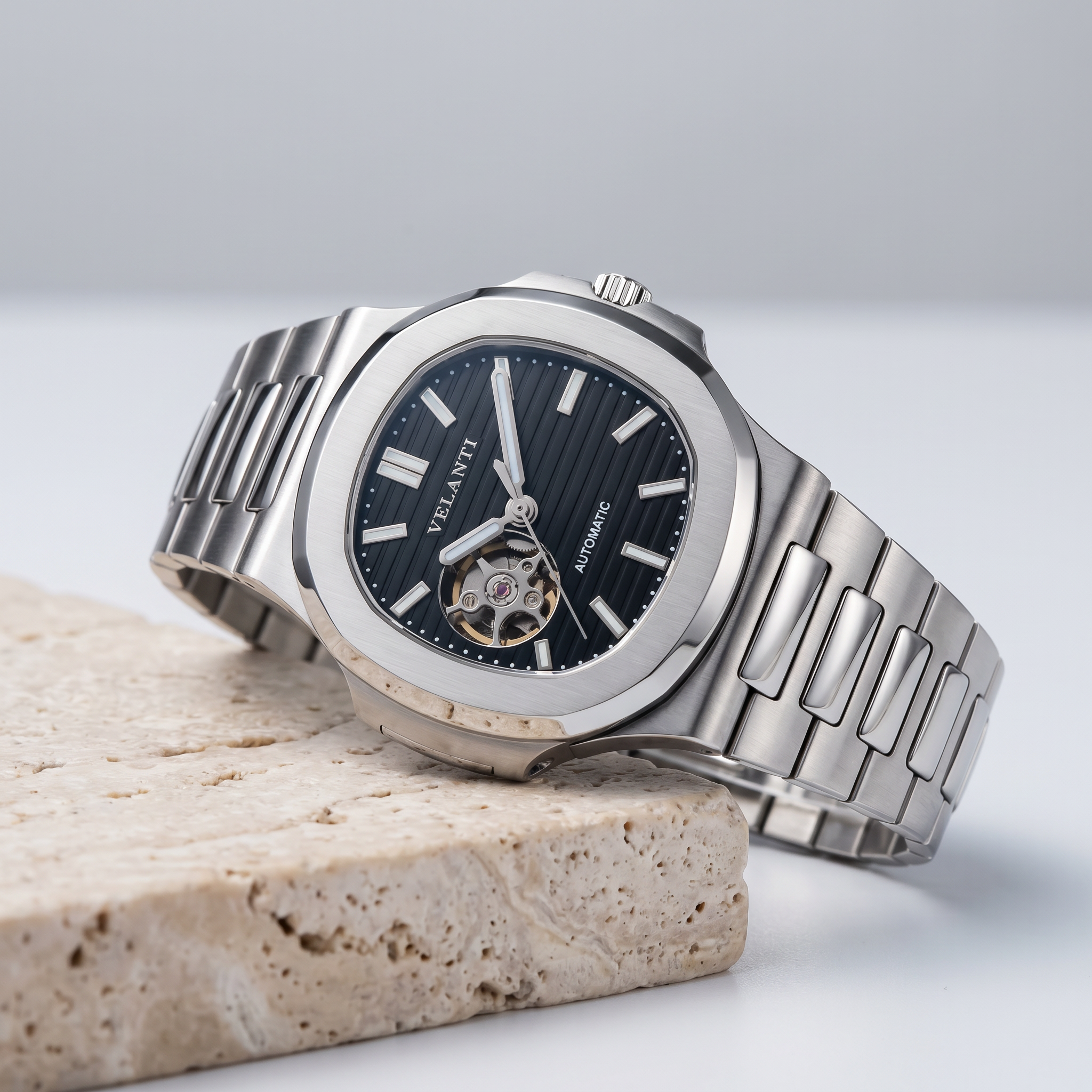 Nautilus-style automatic watch, Velanti Milano Nautvel Black Open Movement, product photo 2