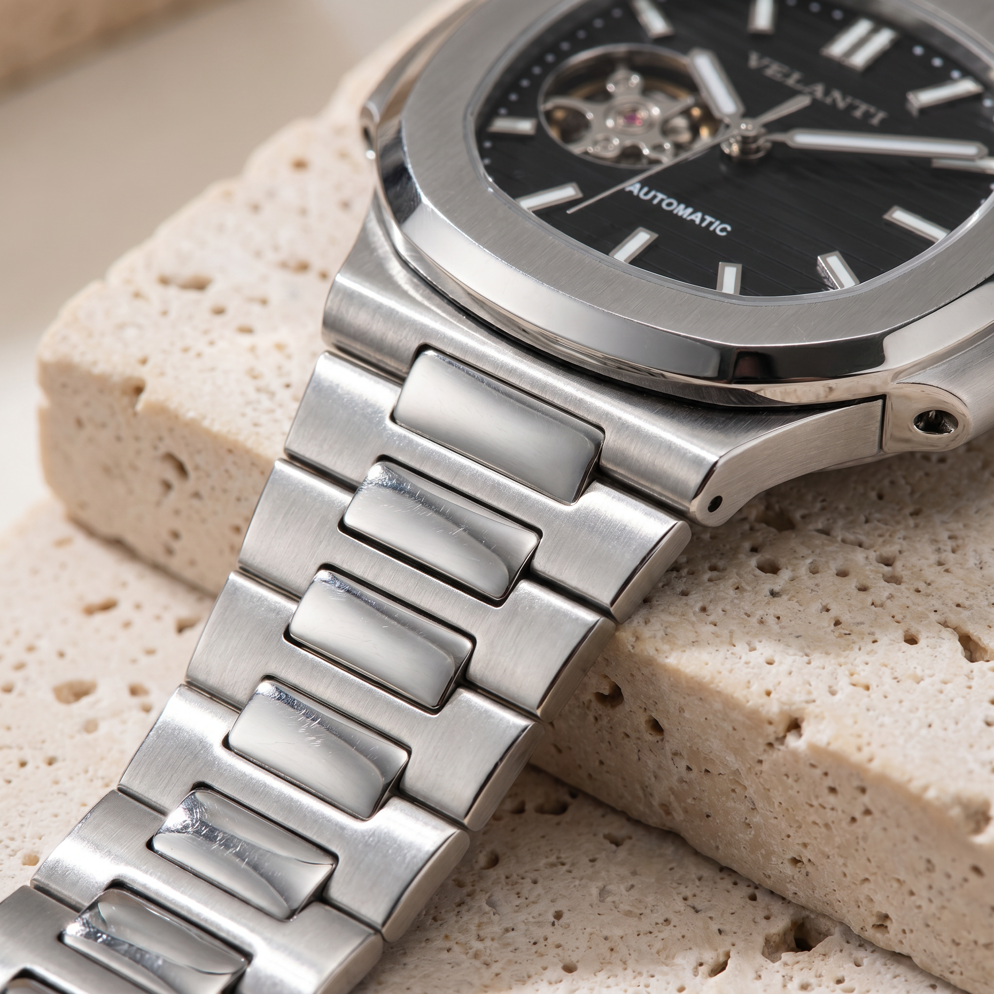 Nautilus-style automatic watch, Velanti Milano Nautvel Black Open Movement, product photo 4