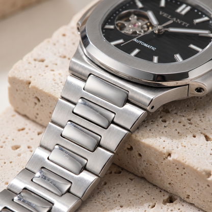Nautilus-style automatic watch, Velanti Milano Nautvel Black Open Movement, product photo 4