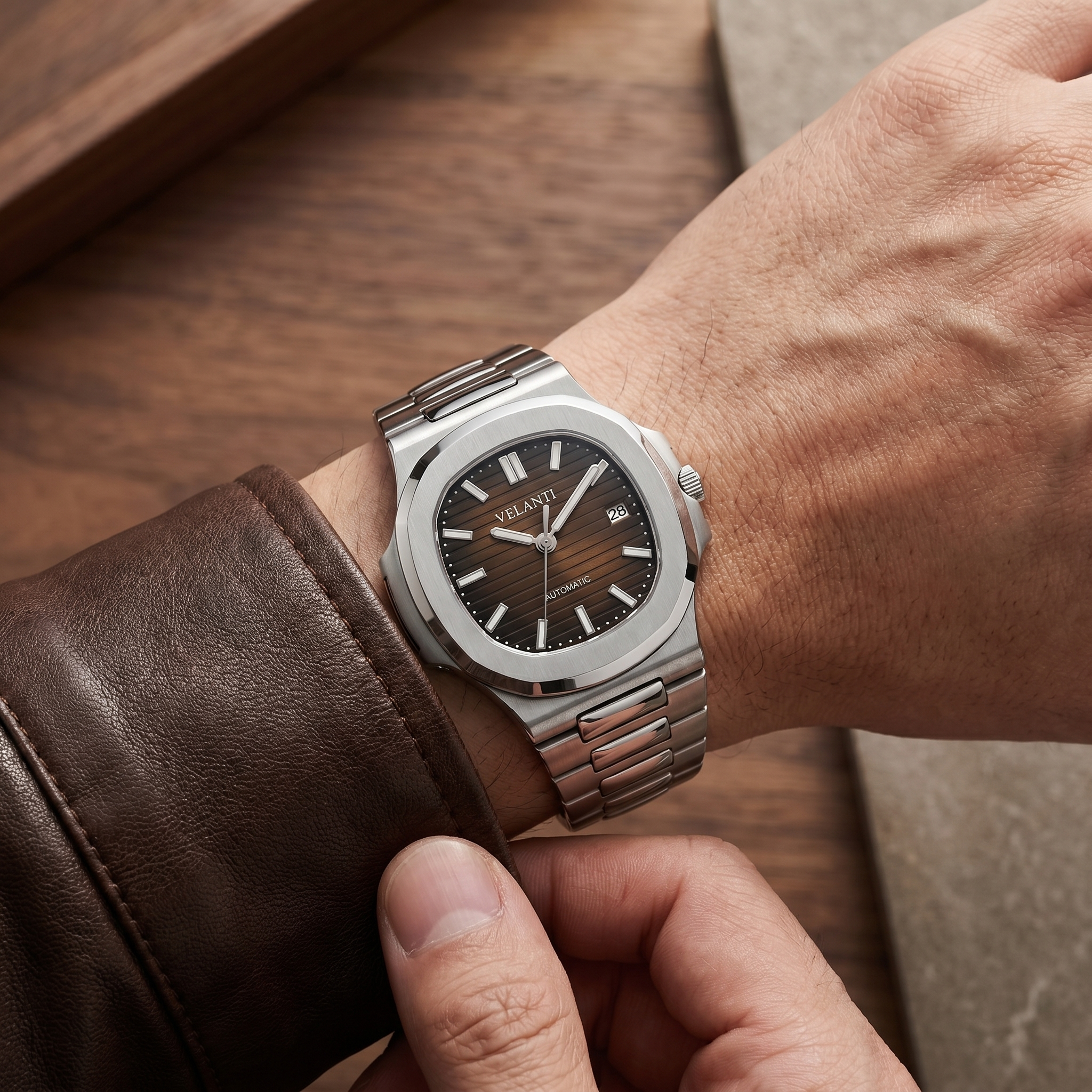 Nautilus-style automatic watch, Velanti Milano Nautvel Brown worn on wrist photo 6