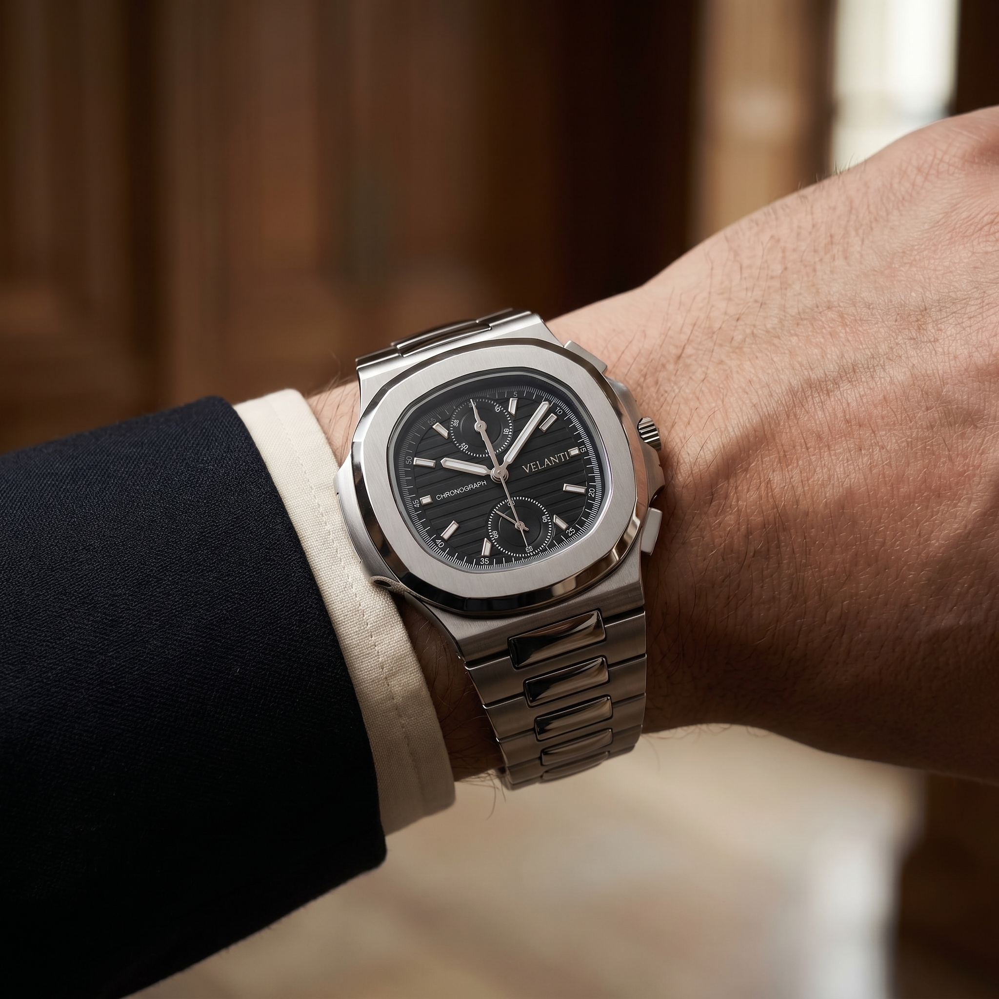 Nautilus-style chronograph watch, Velanti Milano Nautvel Chrono Black, product photo 9