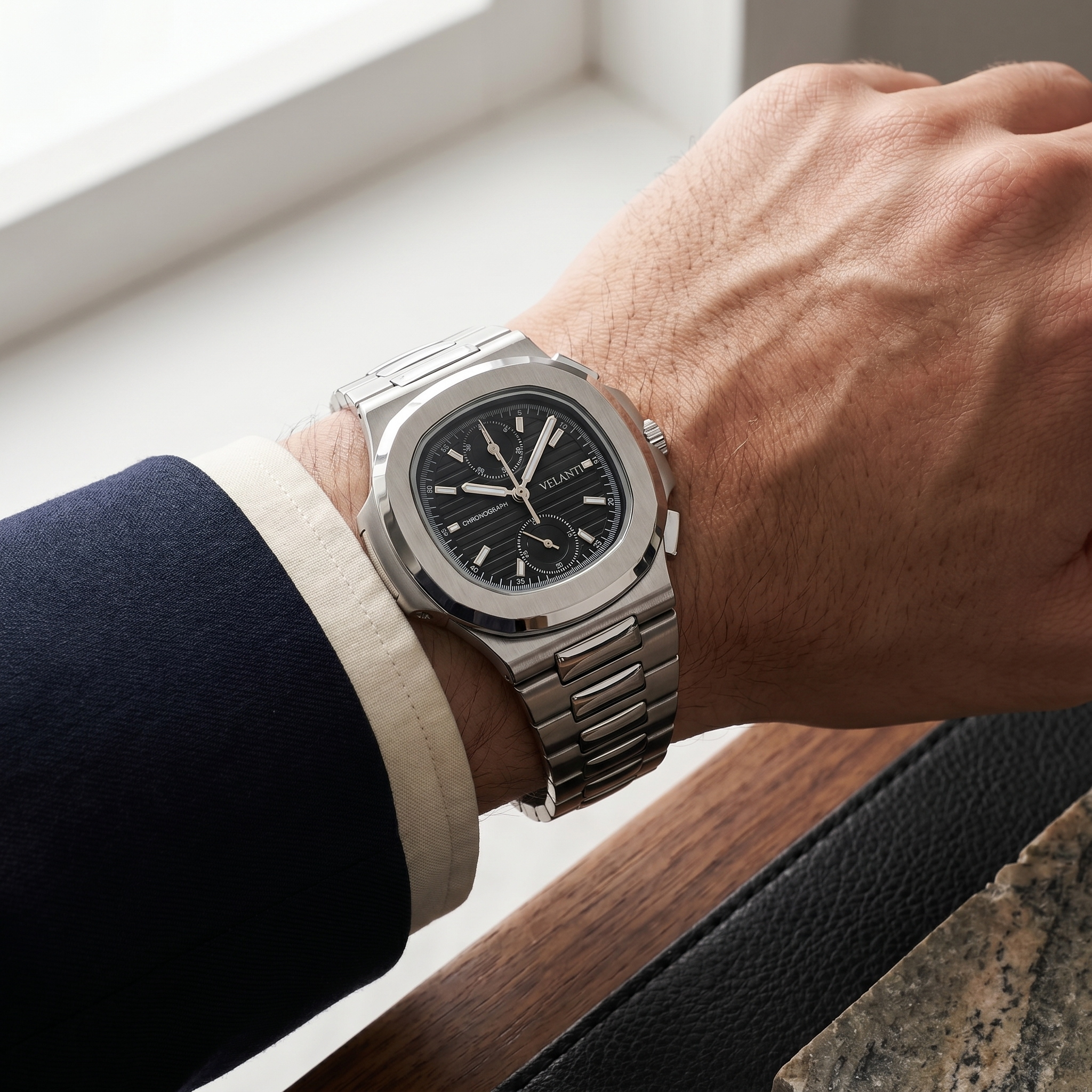 Nautilus-style chronograph watch, Velanti Milano Nautvel Chrono Black worn on wrist photo 12