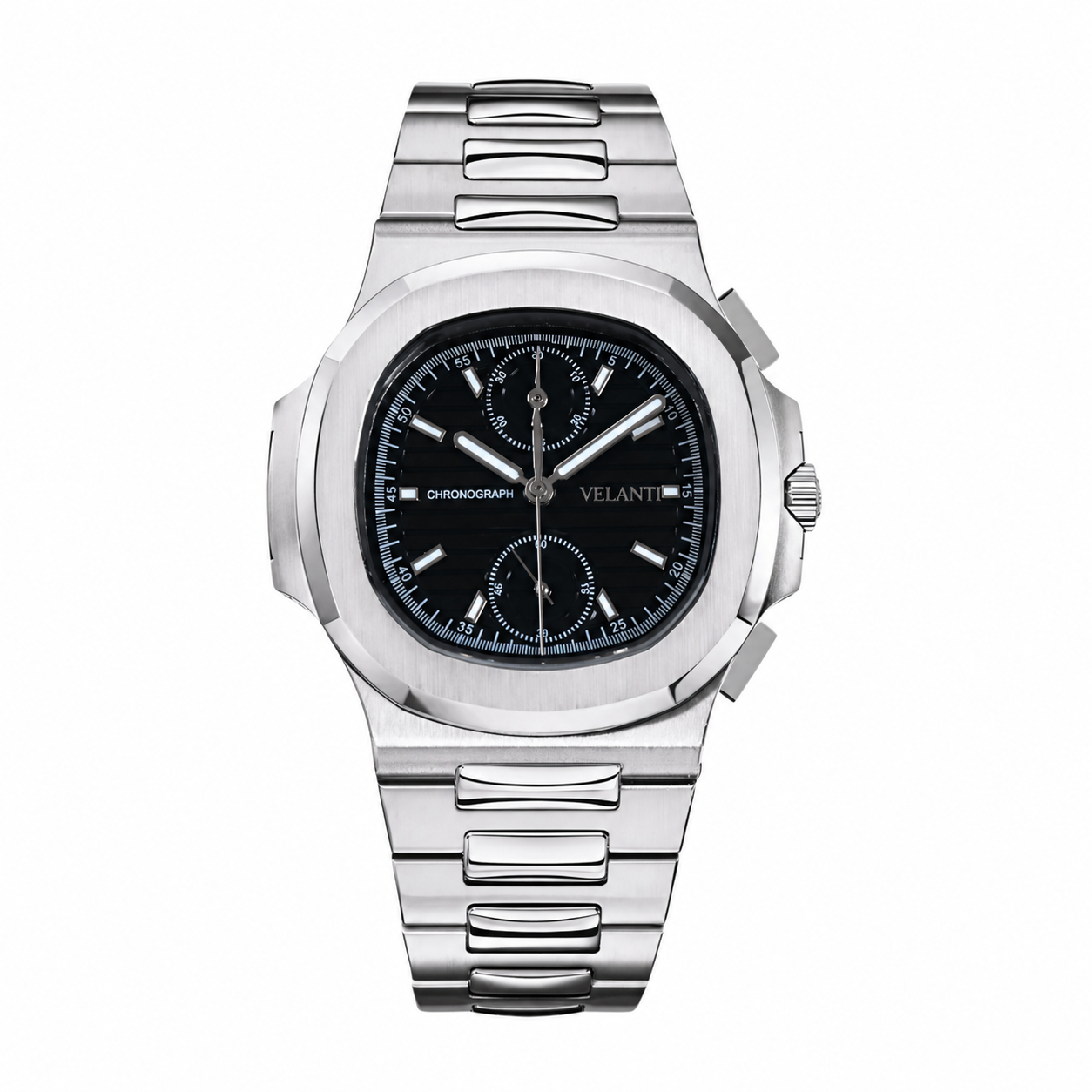 Nautilus-style chronograph watch, Velanti Milano Nautvel Chrono Black, main product photo