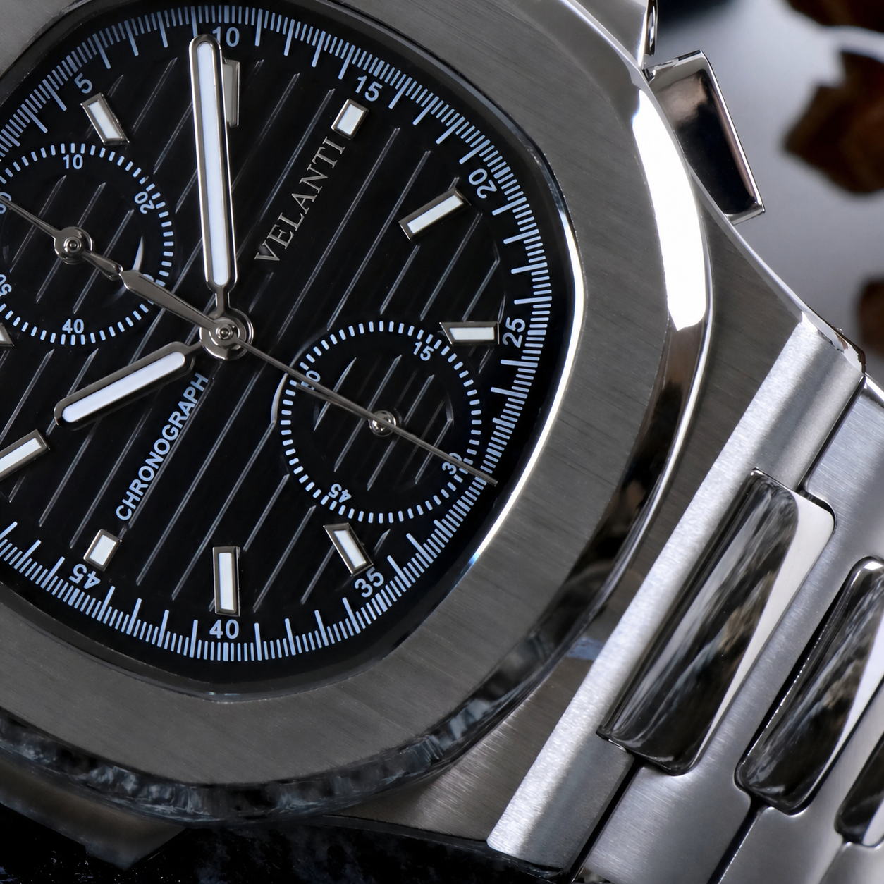 Nautilus-style chronograph watch, Velanti Milano Nautvel Chrono Black, product photo 5