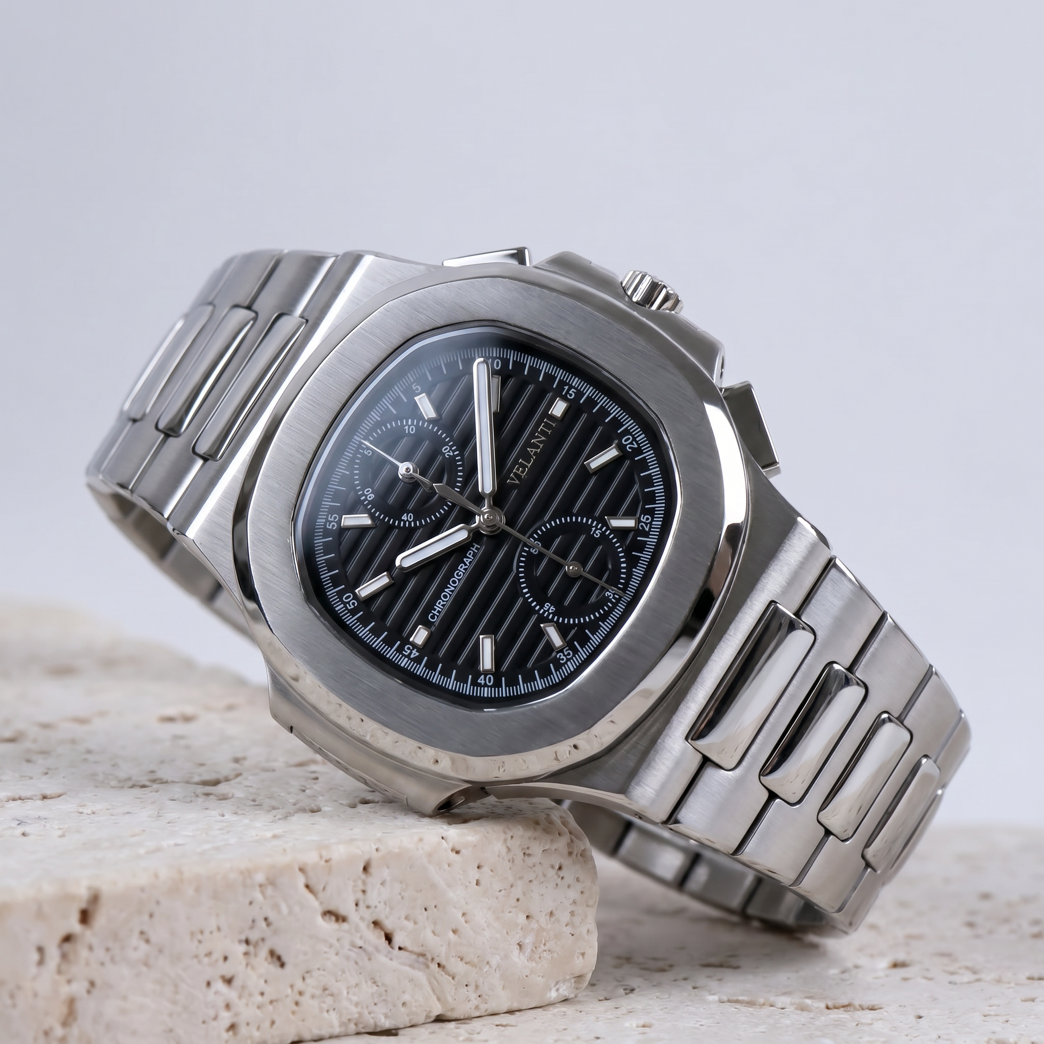Nautilus-style chronograph watch, Velanti Milano Nautvel Chrono Black, product photo 2