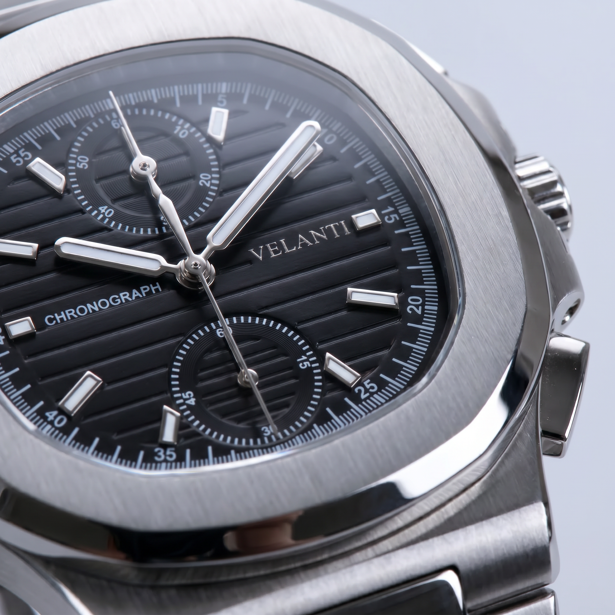 Nautilus-style chronograph watch, Velanti Milano Nautvel Chrono Black, product photo 3