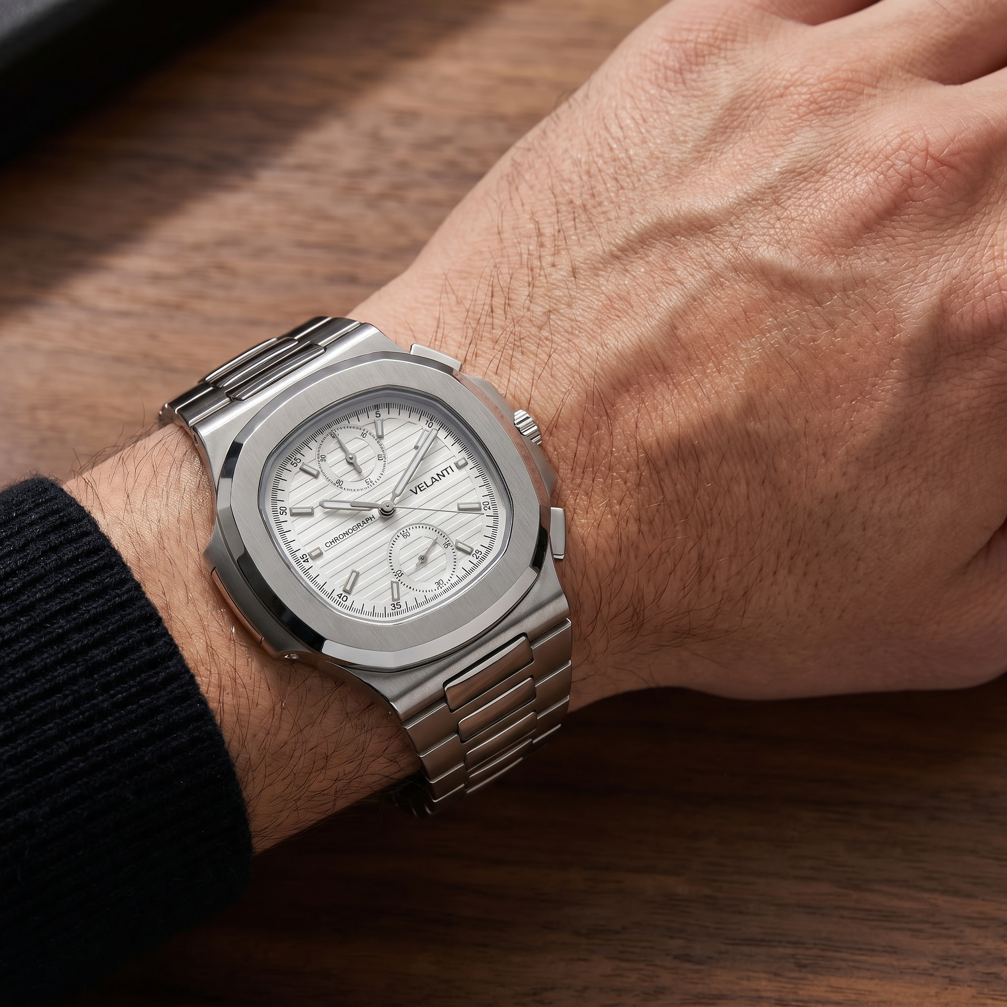 Nautilus-style chronograph watch, Velanti Milano Nautvel Chrono White worn on wrist photo 6