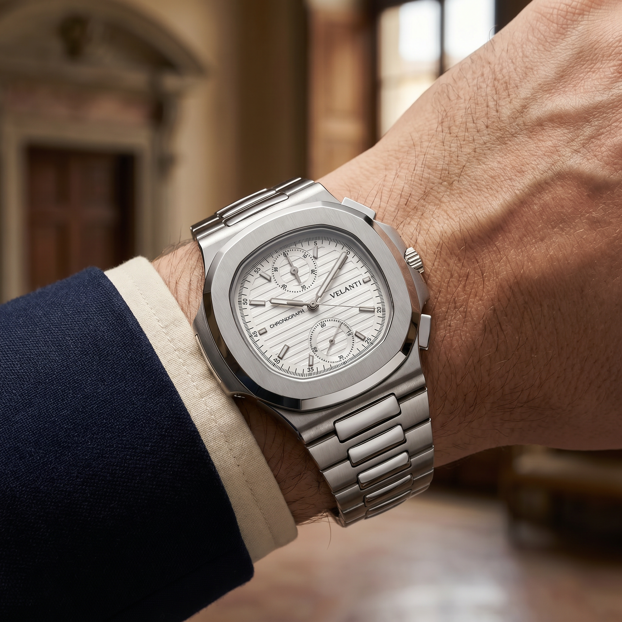 Nautilus-style chronograph watch, Velanti Milano Nautvel Chrono White, product photo 8