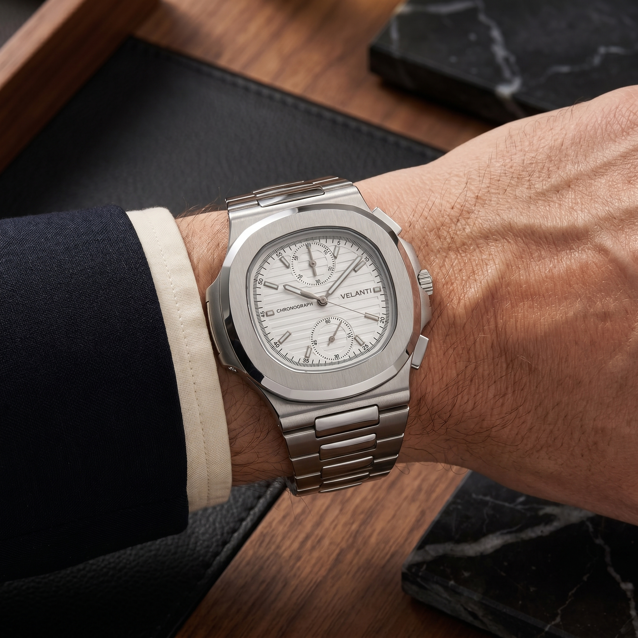 Nautilus-style chronograph watch, Velanti Milano Nautvel Chrono White worn on wrist photo 9