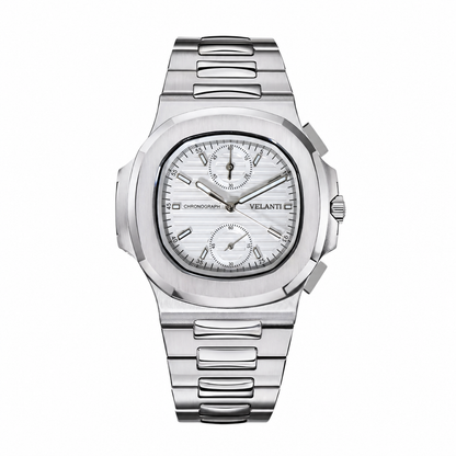 Nautilus-style custom chronograph watch, Velanti Milano Nautvel Chrono White, main product photo