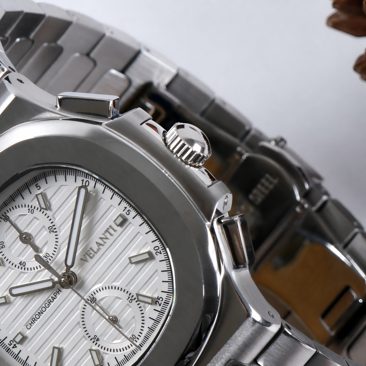 Nautilus-style chronograph watch, Velanti Milano Nautvel Chrono White, product photo 4