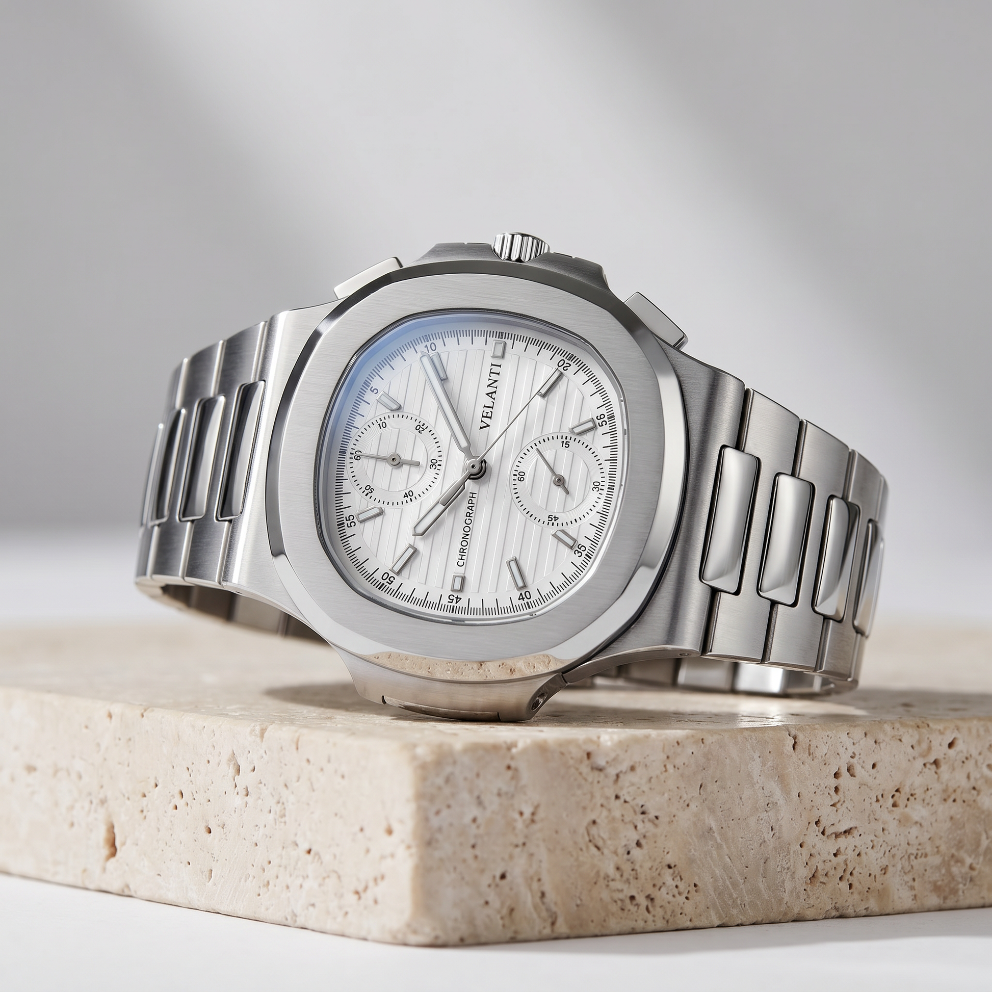 Nautilus-style custom chronograph watch, Velanti Milano Nautvel Chrono White, product photo 2